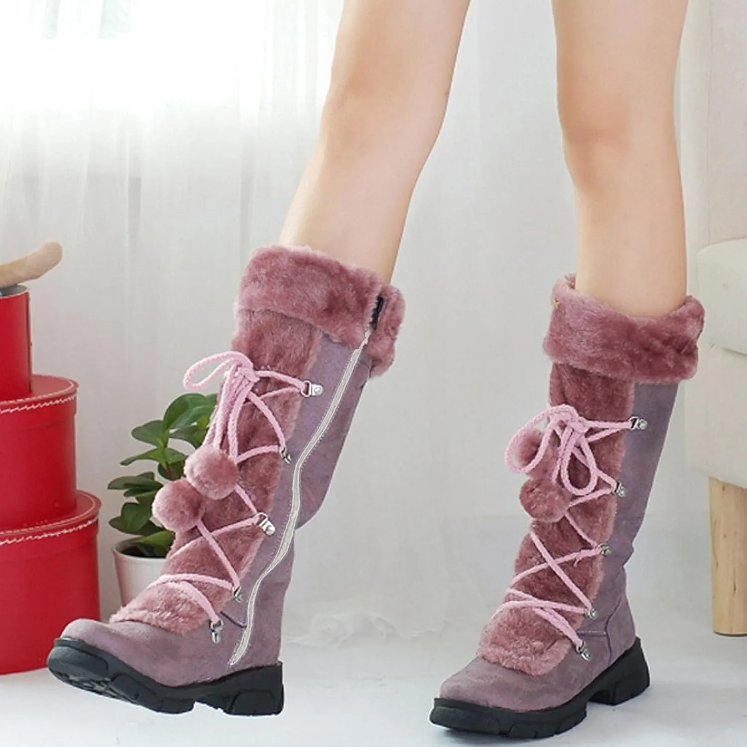 Snow Boots for Women Fur Boots for Women Knee High Retro Round Toe Suede Square Heel Warm Zipper Mid Calf Snow Boots