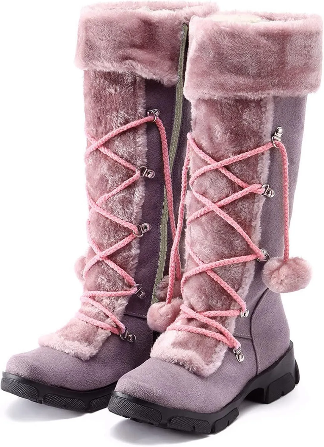 Snow Boots for Women Fur Boots for Women Knee High Retro Round Toe Suede Square Heel Warm Zipper Mid Calf Snow Boots