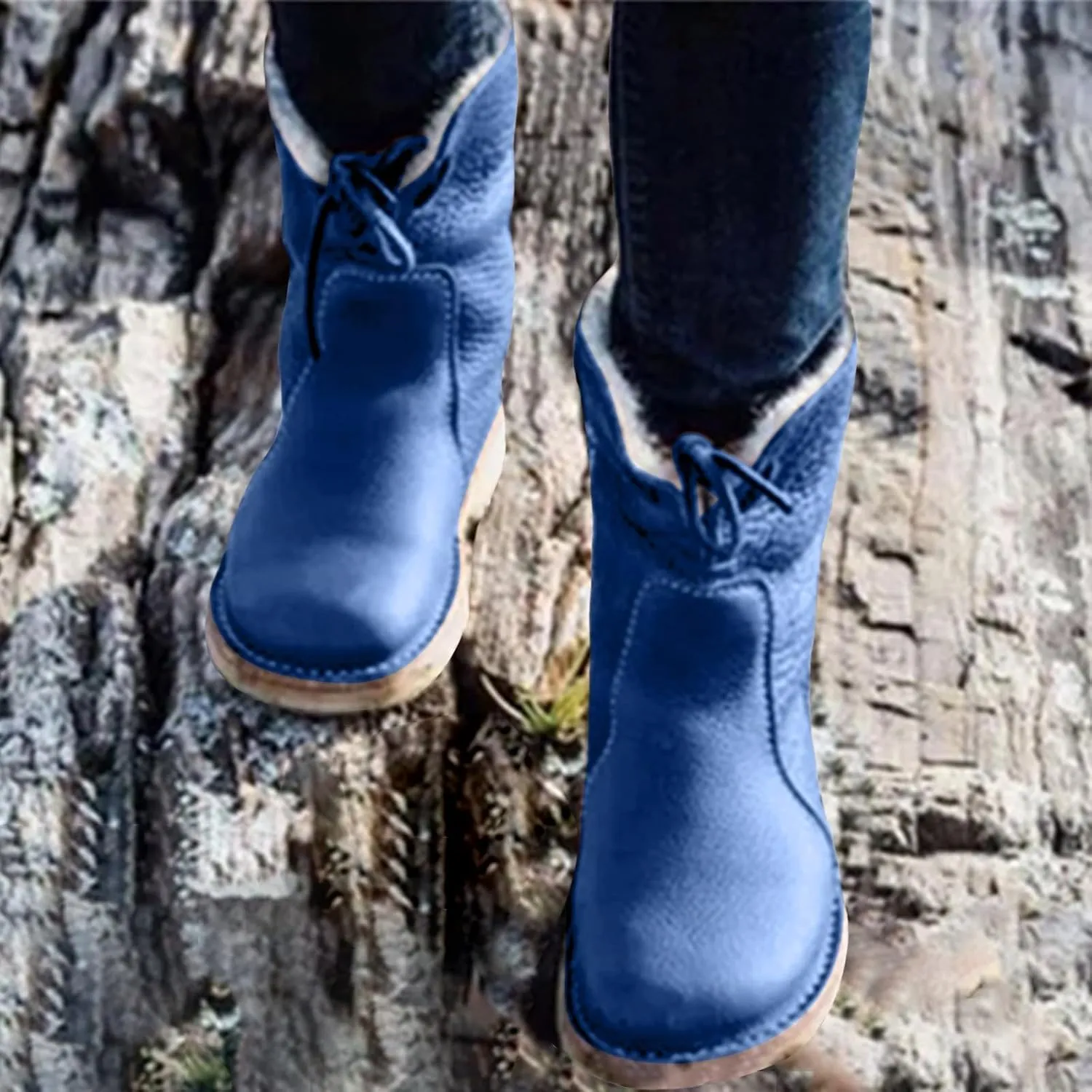 Snow Boots for Women Mid Calf,Warm Fur Lined Winter Boots Casual Lace Up Wide Calf Boots Waterproof Leather Boots