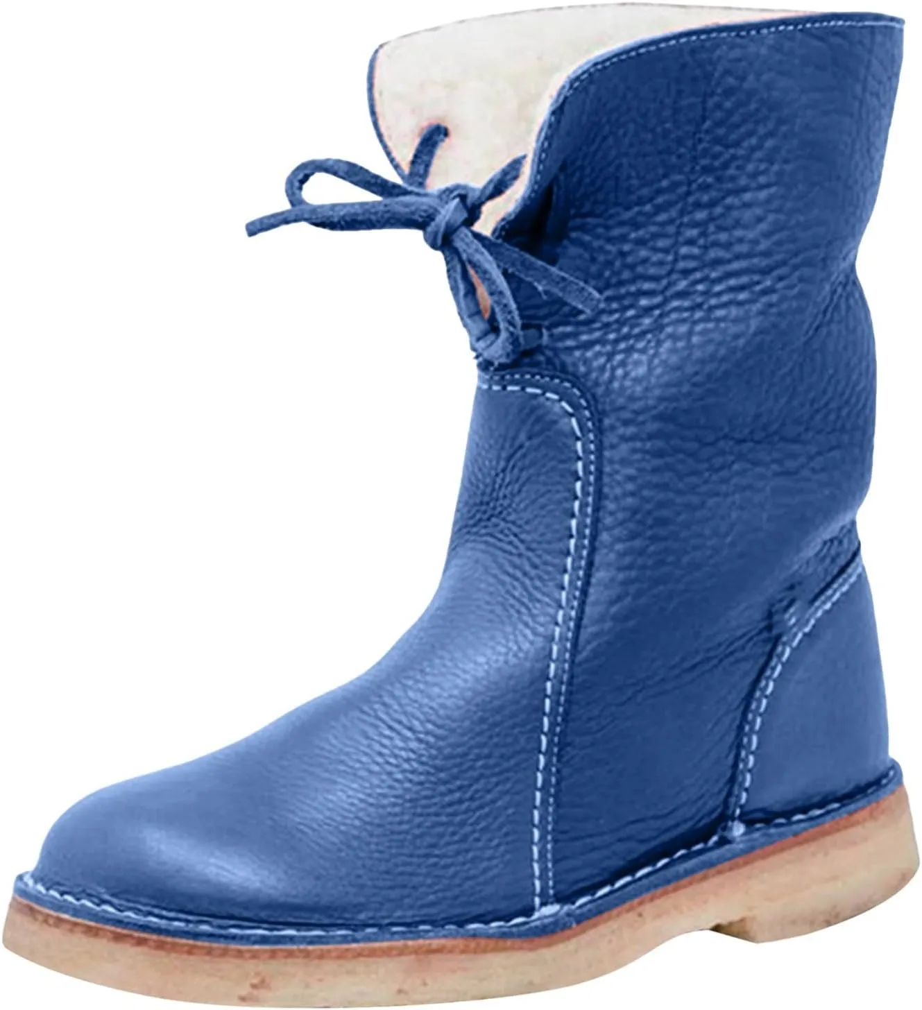 Snow Boots for Women Mid Calf,Warm Fur Lined Winter Boots Casual Lace Up Wide Calf Boots Waterproof Leather Boots