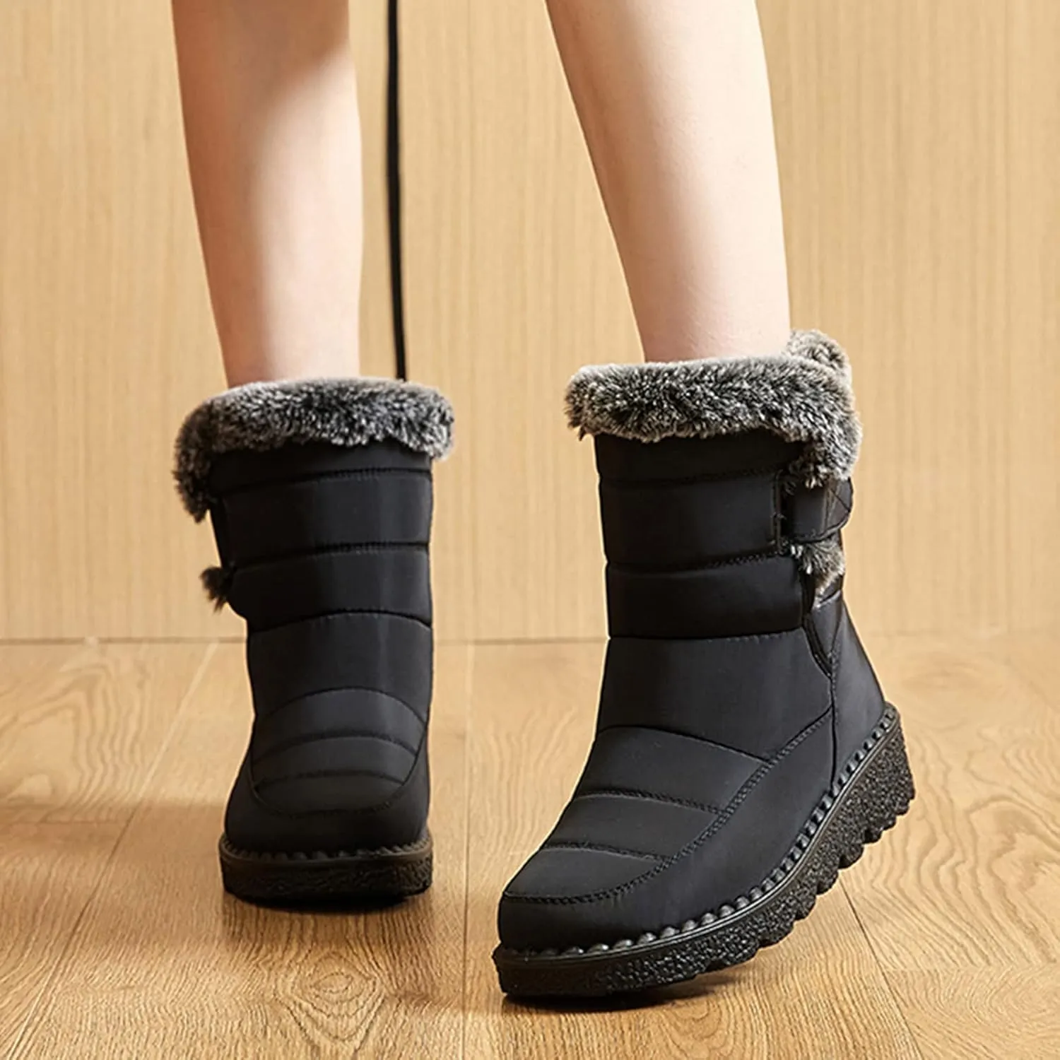 Snow Boots for Women Platform Boots Round Toe Waterproof Fabric Flat Heel Warm Winter Sticky Paste Mid Calf Snow Boot