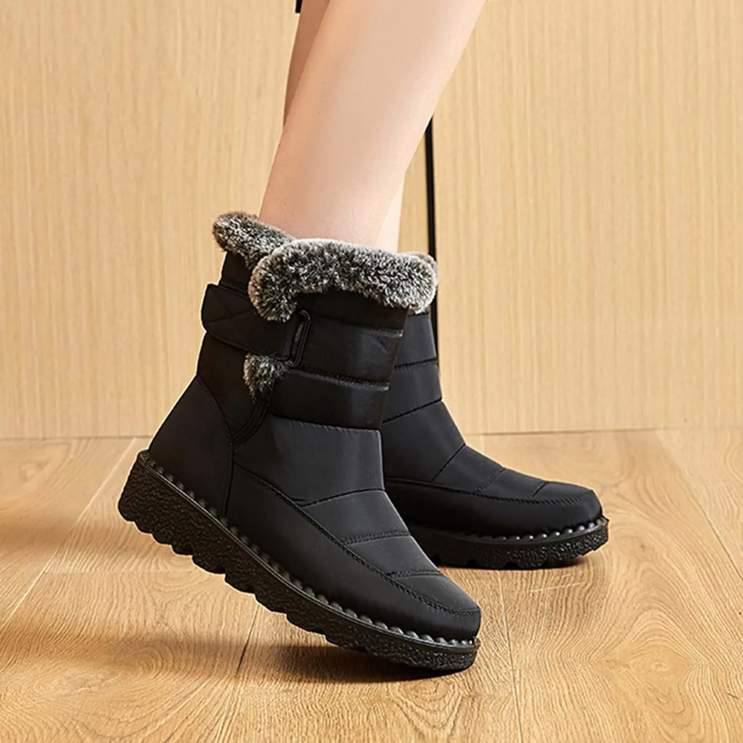 Snow Boots for Women Platform Boots Round Toe Waterproof Fabric Flat Heel Warm Winter Sticky Paste Mid Calf Snow Boot