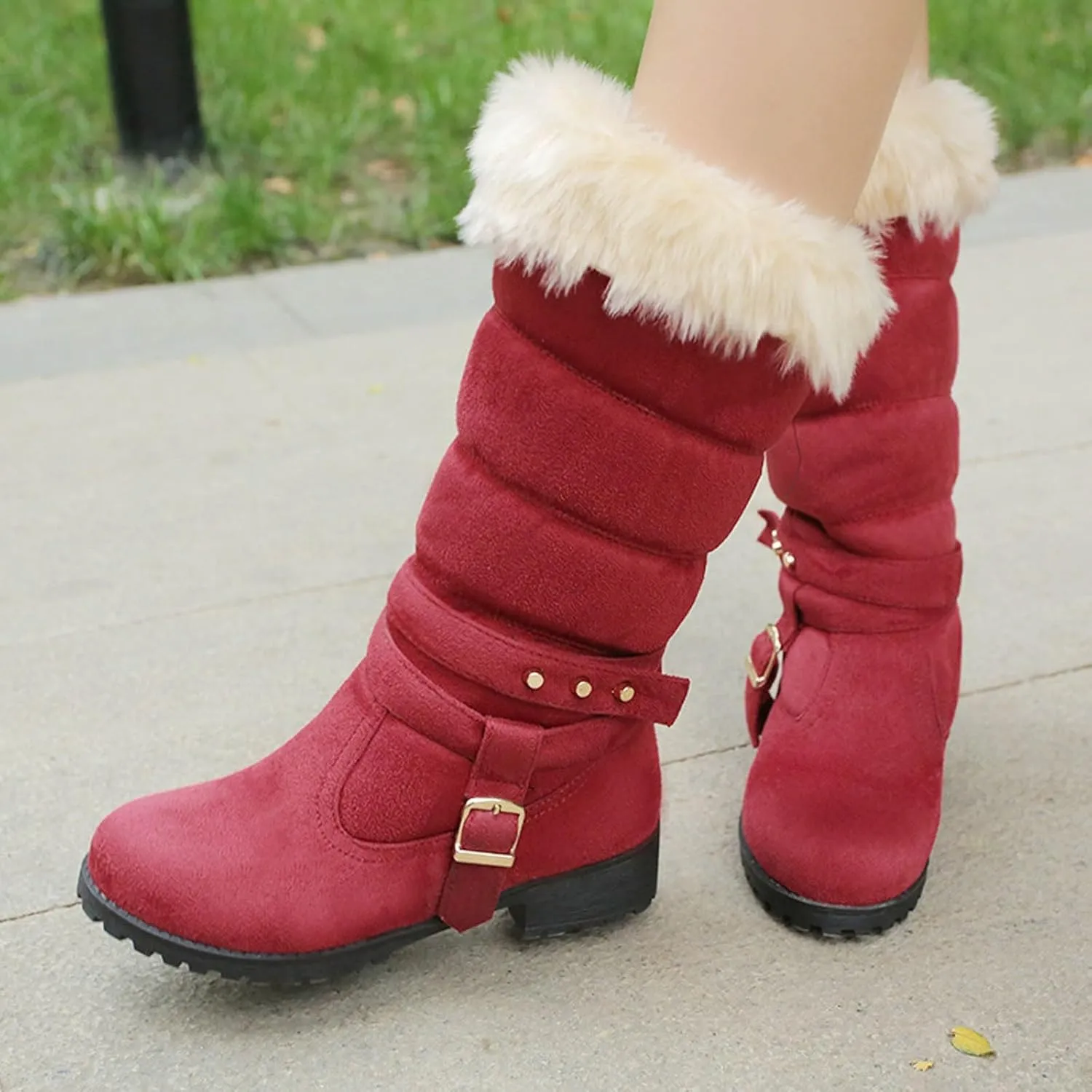 Snow Boots for Women Warm Winter Cotton Belt Mid Calf Boots Round Toe Velvet Lined Low Heel Anti-Slip Resistant Booties