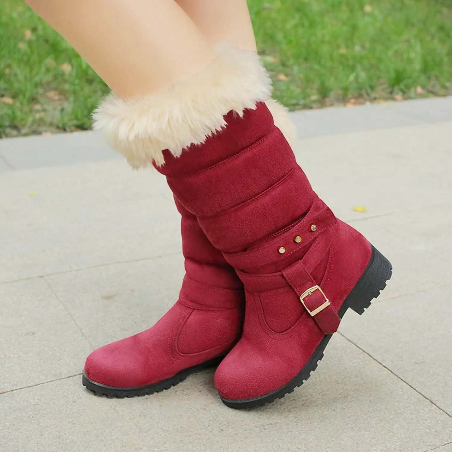 Snow Boots for Women Warm Winter Cotton Belt Mid Calf Boots Round Toe Velvet Lined Low Heel Anti-Slip Resistant Booties