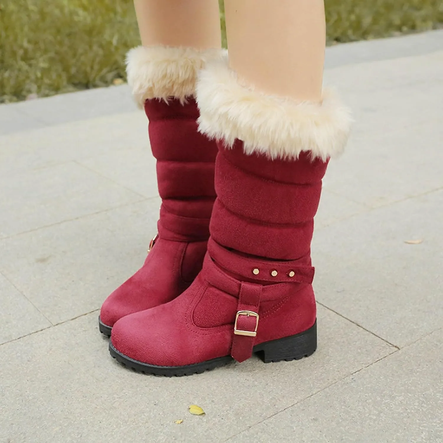 Snow Boots for Women Warm Winter Cotton Belt Mid Calf Boots Round Toe Velvet Lined Low Heel Anti-Slip Resistant Booties