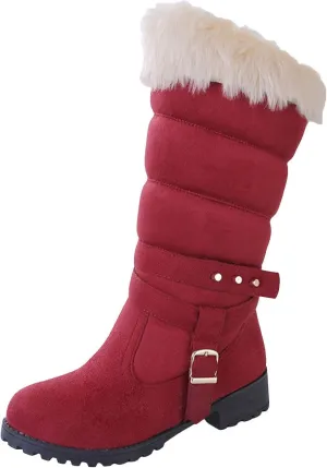 Snow Boots for Women Warm Winter Cotton Belt Mid Calf Boots Round Toe Velvet Lined Low Heel Anti-Slip Resistant Booties