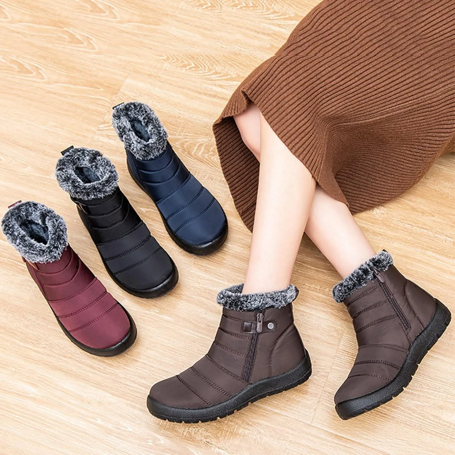 Snow Boots Womens Winter Ankle Boots for Ladies Fleece Lined Warm Booties Thickening Shoes Water Proof Zip Up Flat Sneakers Anti-Slip Outdoor Booties Comfortable Slip On Mid Calf Boots