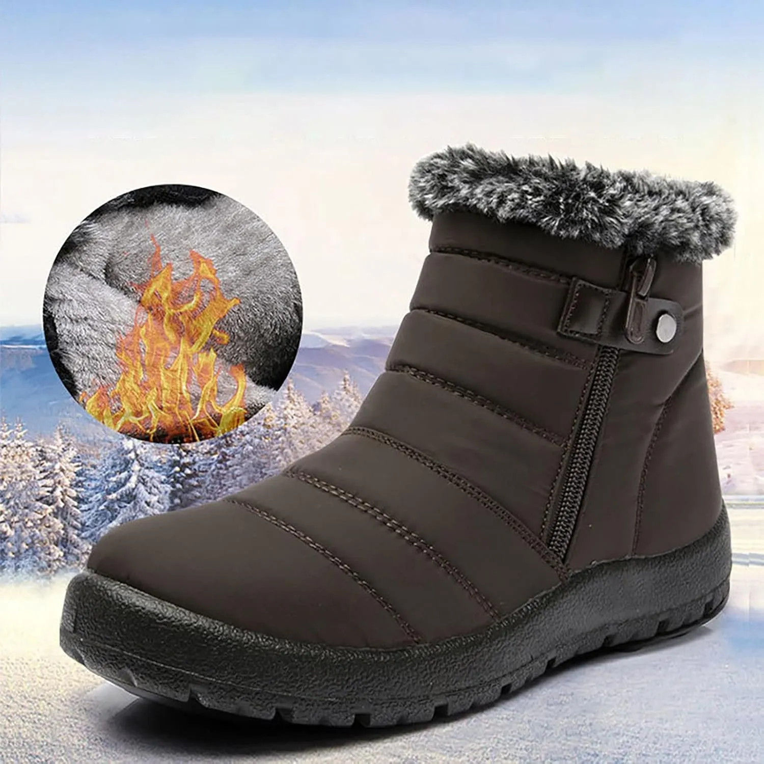 Snow Boots Womens Winter Ankle Boots for Ladies Fleece Lined Warm Booties Thickening Shoes Water Proof Zip Up Flat Sneakers Anti-Slip Outdoor Booties Comfortable Slip On Mid Calf Boots