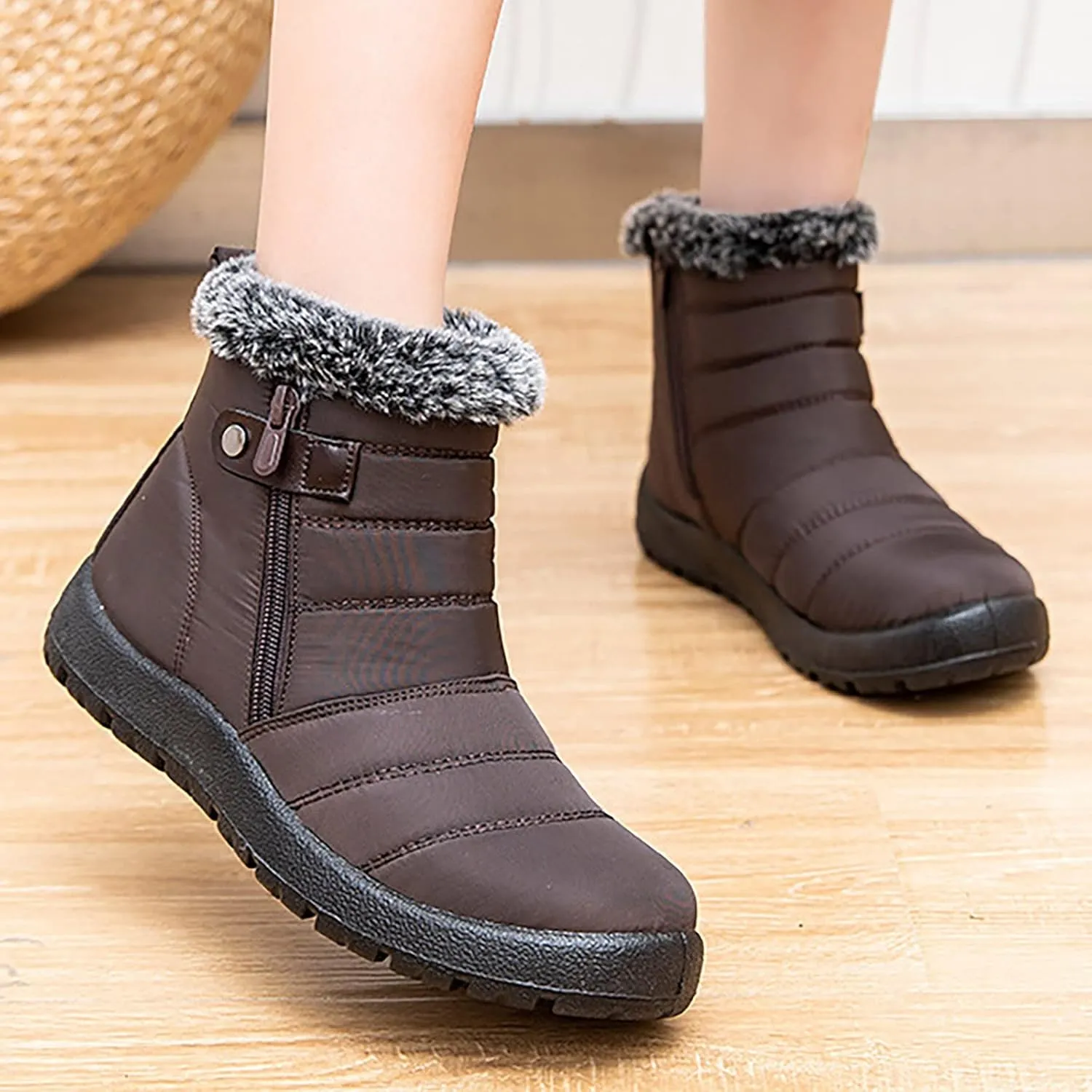 Snow Boots Womens Winter Ankle Boots for Ladies Fleece Lined Warm Booties Thickening Shoes Water Proof Zip Up Flat Sneakers Anti-Slip Outdoor Booties Comfortable Slip On Mid Calf Boots