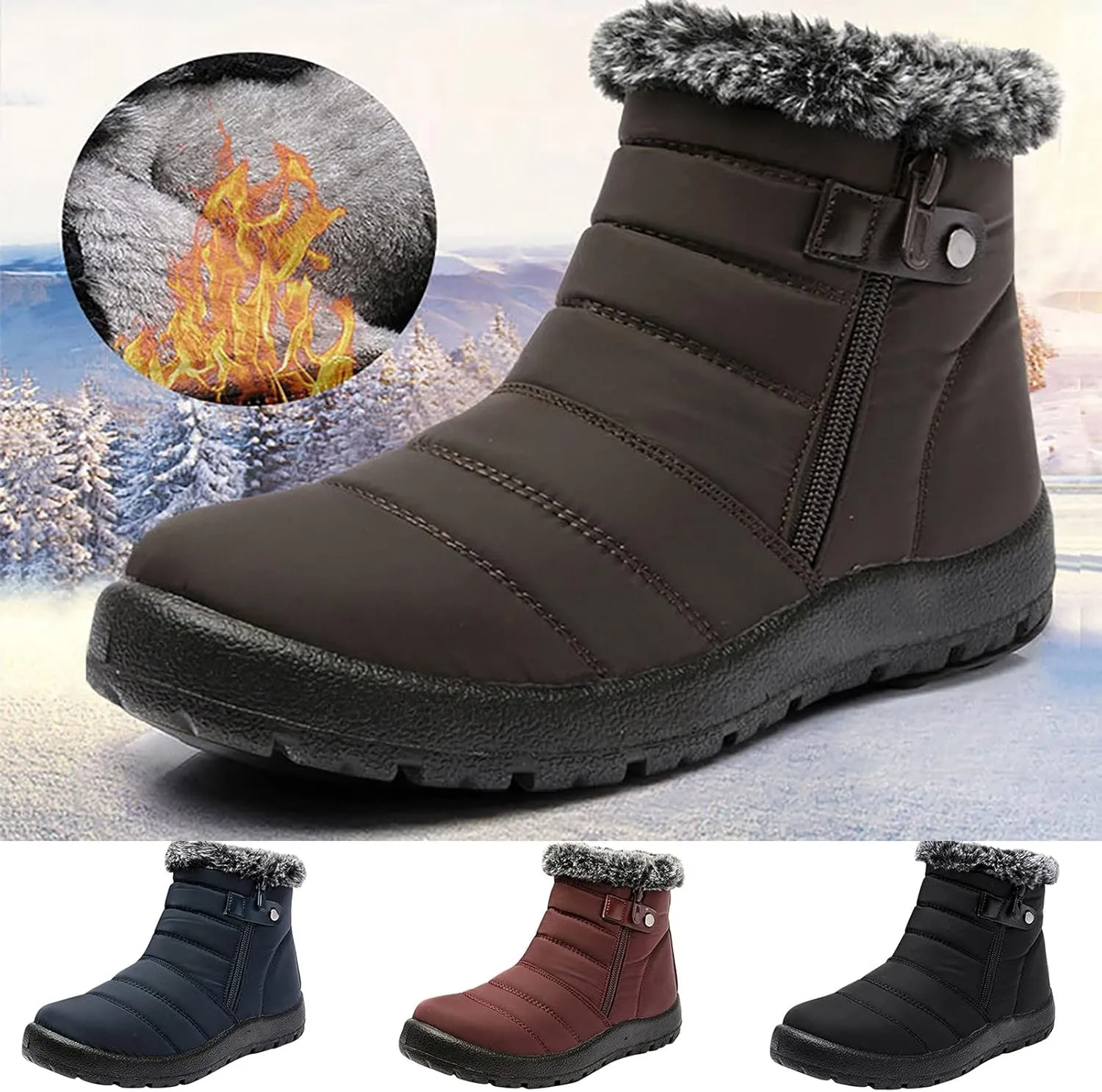 Snow Boots Womens Winter Ankle Boots for Ladies Fleece Lined Warm Booties Thickening Shoes Water Proof Zip Up Flat Sneakers Anti-Slip Outdoor Booties Comfortable Slip On Mid Calf Boots