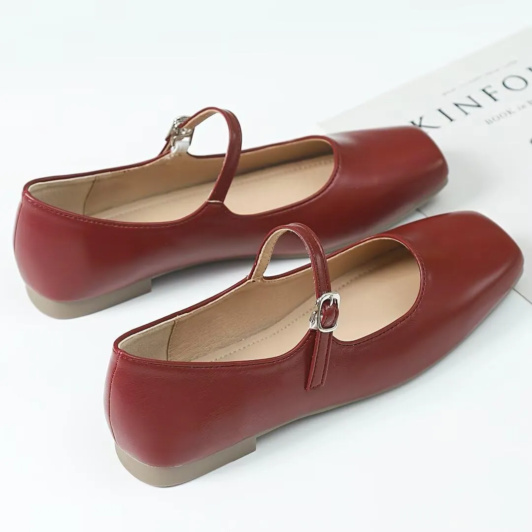 Stunner Mary Jane Flats for Women Classical Square Toe Ballet Flats Soft One Line Buckle Strap Flats