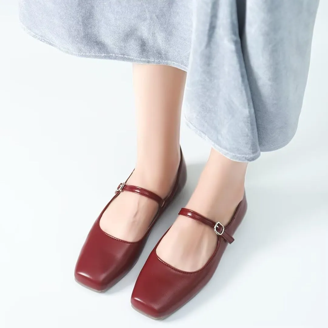 Stunner Mary Jane Flats for Women Classical Square Toe Ballet Flats Soft One Line Buckle Strap Flats