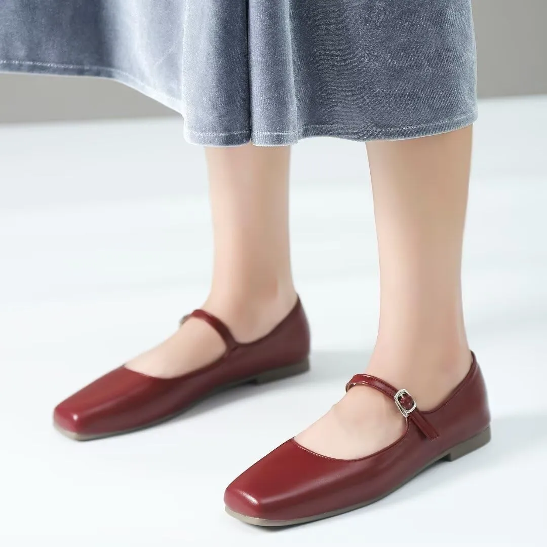 Stunner Mary Jane Flats for Women Classical Square Toe Ballet Flats Soft One Line Buckle Strap Flats