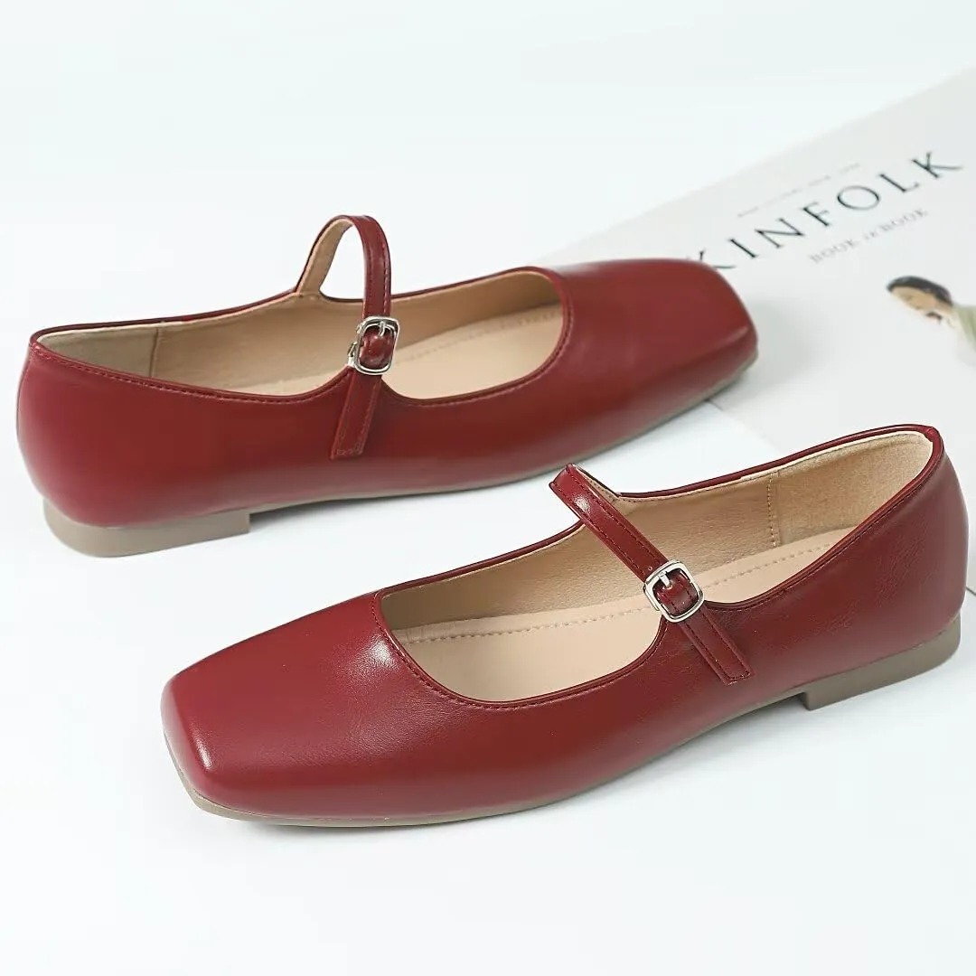 Stunner Mary Jane Flats for Women Classical Square Toe Ballet Flats Soft One Line Buckle Strap Flats