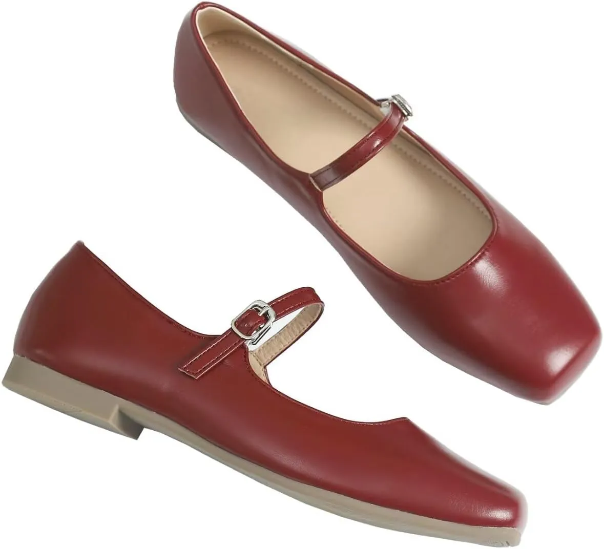Stunner Mary Jane Flats for Women Classical Square Toe Ballet Flats Soft One Line Buckle Strap Flats
