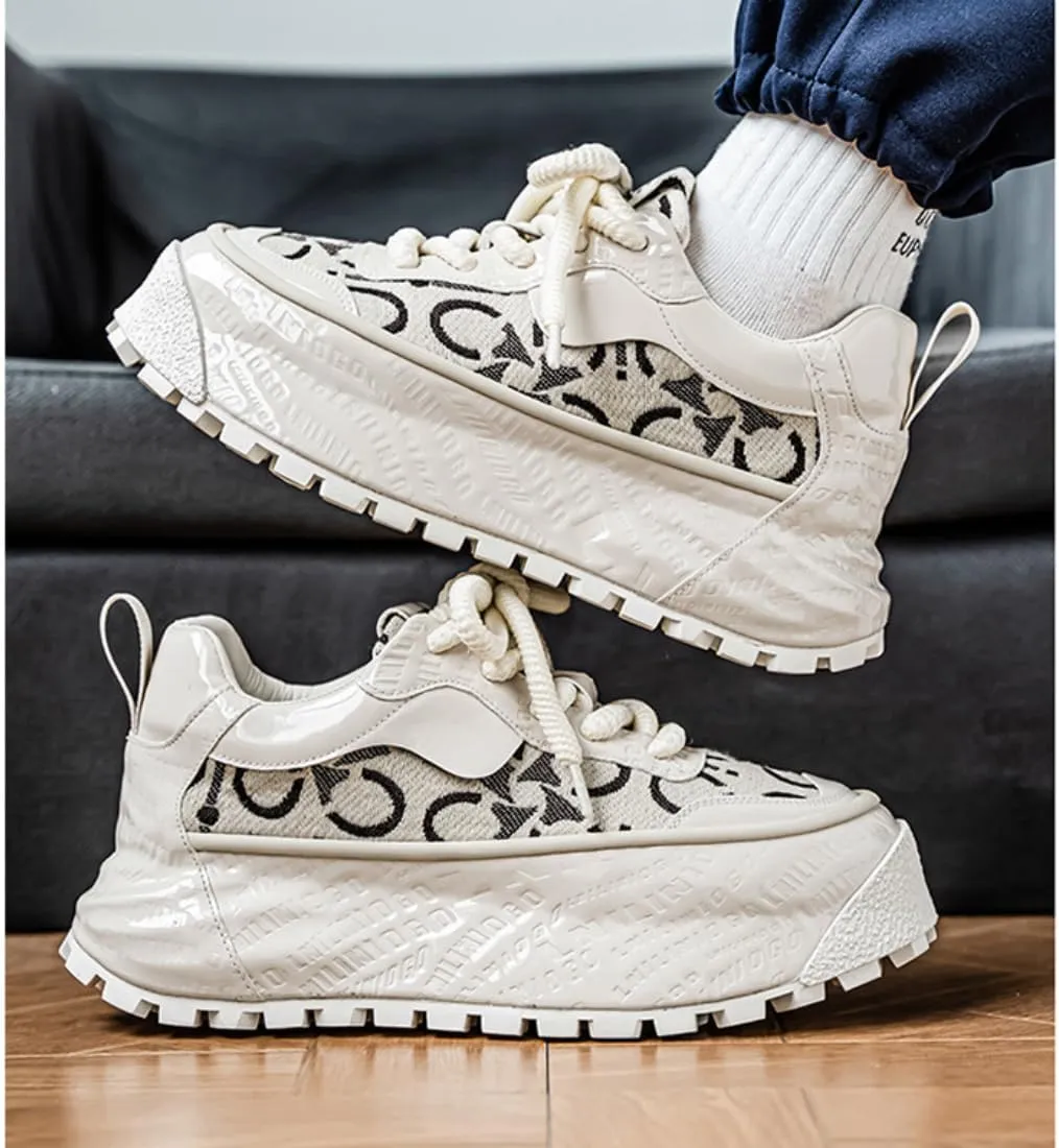 Stylish Print Platform Breathable Shoes for Comfort & Durability Men's Chunky Sole Sneakers Lace-Up Dad Shoes
