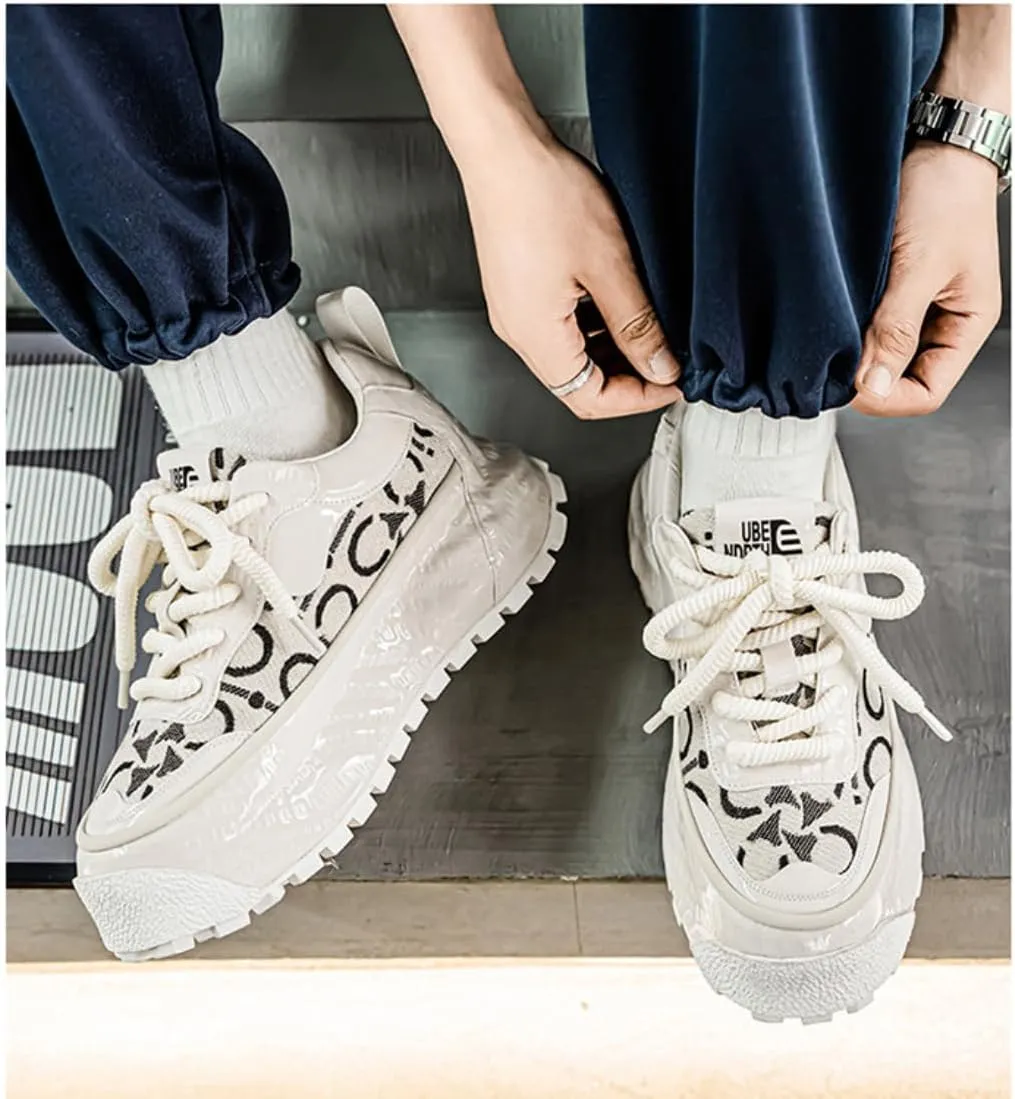 Stylish Print Platform Breathable Shoes for Comfort & Durability Men's Chunky Sole Sneakers Lace-Up Dad Shoes