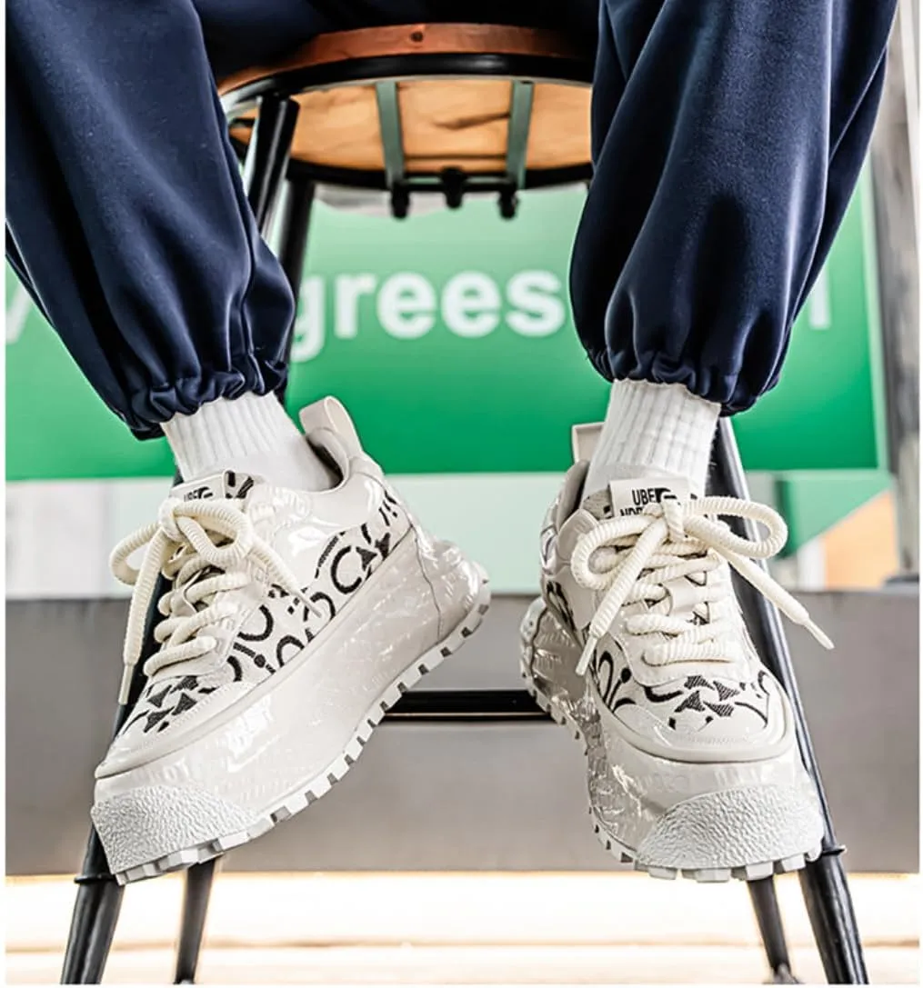 Stylish Print Platform Breathable Shoes for Comfort & Durability Men's Chunky Sole Sneakers Lace-Up Dad Shoes
