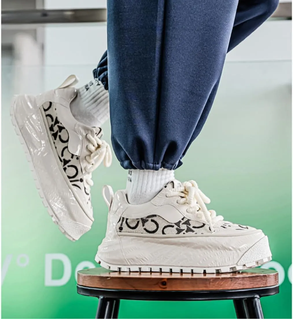 Stylish Print Platform Breathable Shoes for Comfort & Durability Men's Chunky Sole Sneakers Lace-Up Dad Shoes