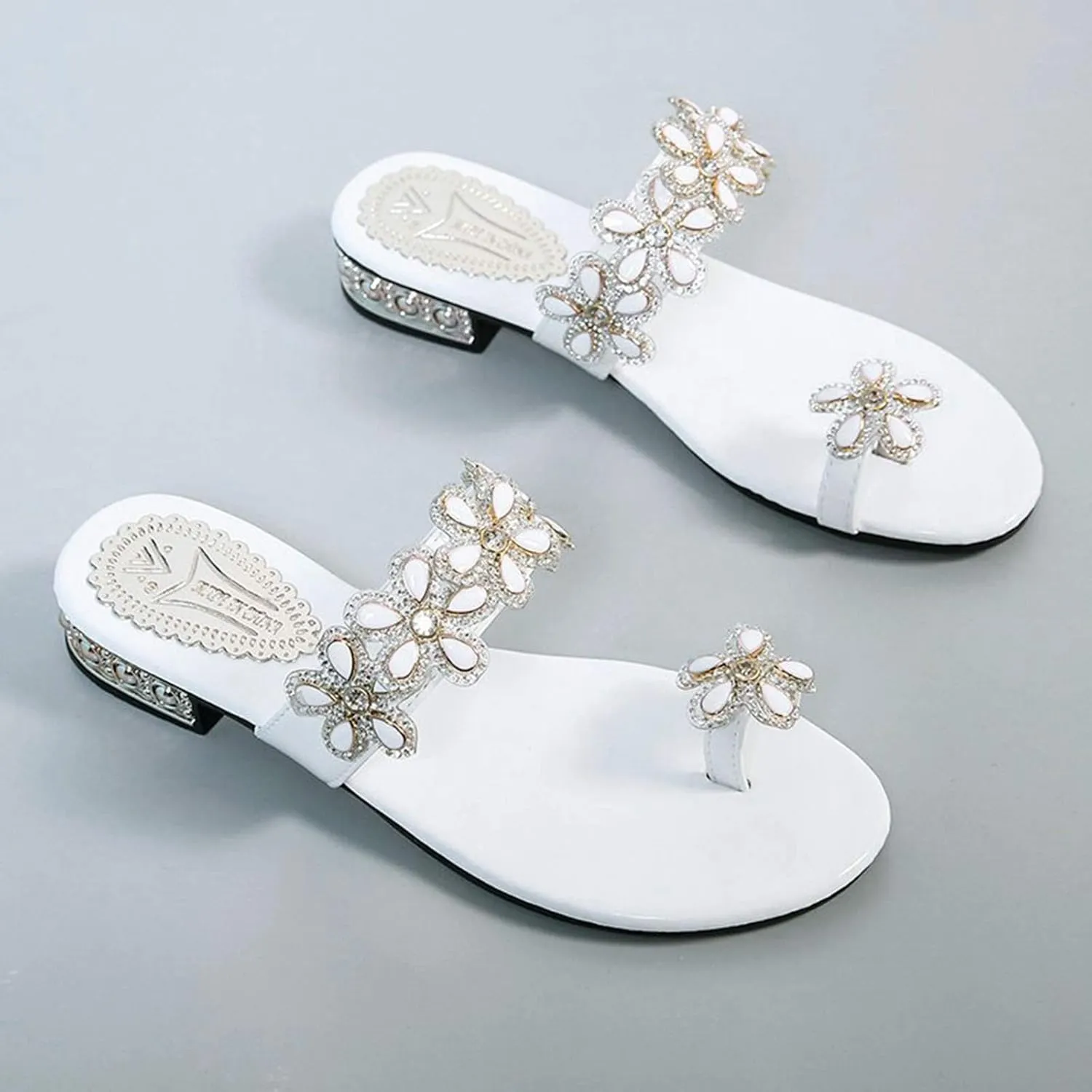 SuanlaTDS Shoes Flowers Beach Shoes Footwear Slippers Women's Sandals Crystal Flat Ladies Women's Casual Shoes Women Shoes Casual (White, 8)