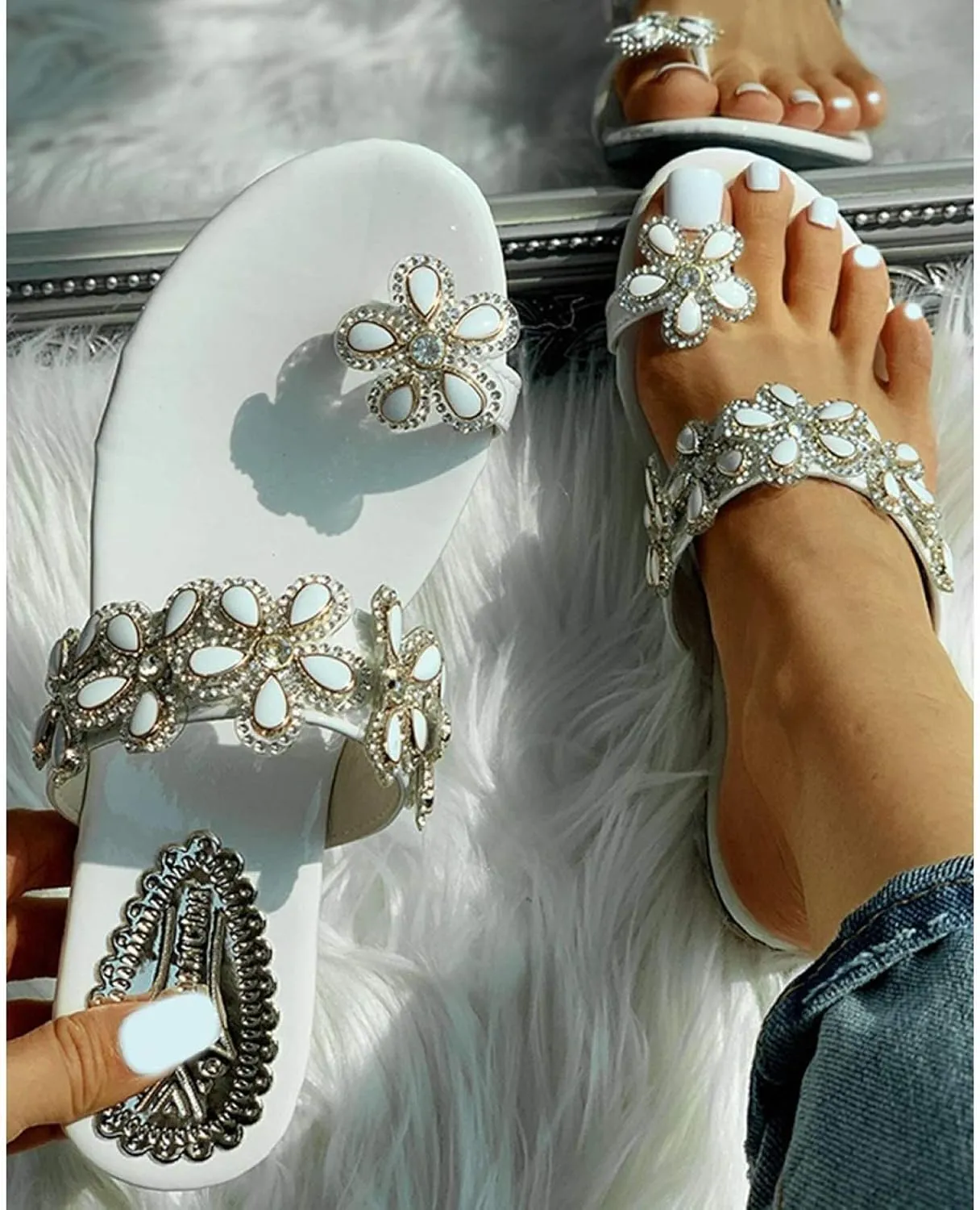 SuanlaTDS Shoes Flowers Beach Shoes Footwear Slippers Women's Sandals Crystal Flat Ladies Women's Casual Shoes Women Shoes Casual (White, 8)
