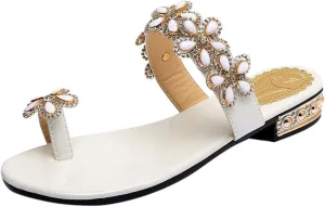 SuanlaTDS Shoes Flowers Beach Shoes Footwear Slippers Women's Sandals Crystal Flat Ladies Women's Casual Shoes Women Shoes Casual (White, 8)