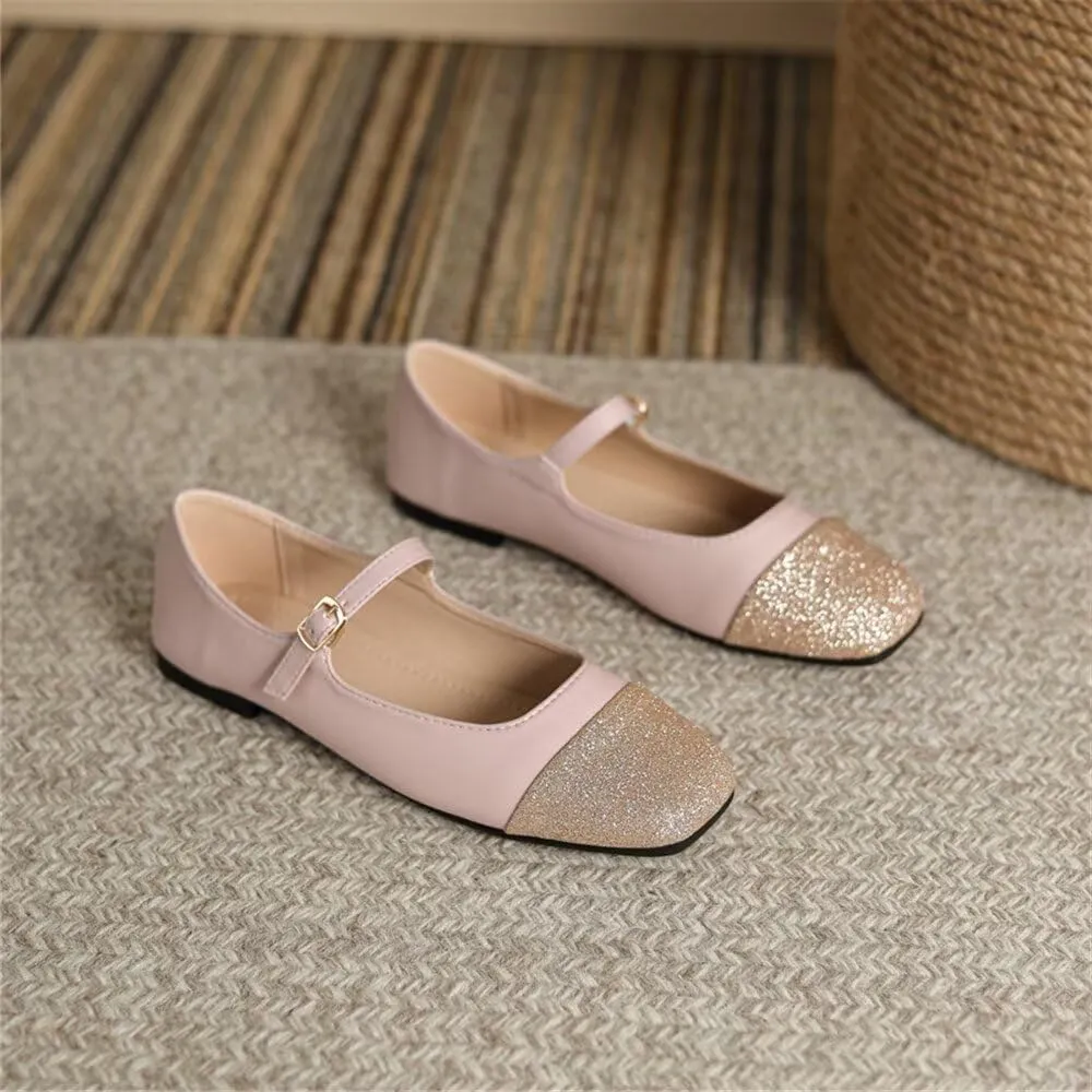 TN TANGNEST Flat Shoes for Women Retro Square Toe Mary Jane Flats Shiny Ballet Flats Comfortable Office Flats