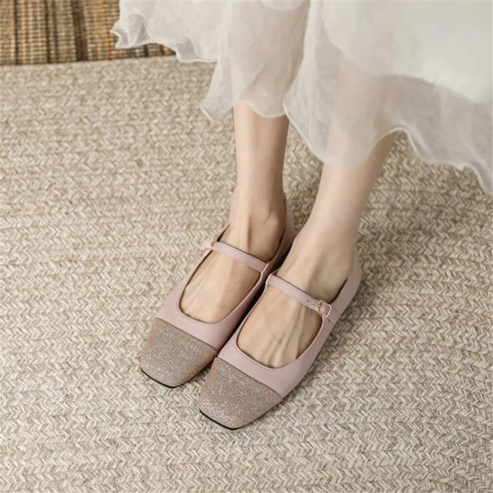 TN TANGNEST Flat Shoes for Women Retro Square Toe Mary Jane Flats Shiny Ballet Flats Comfortable Office Flats
