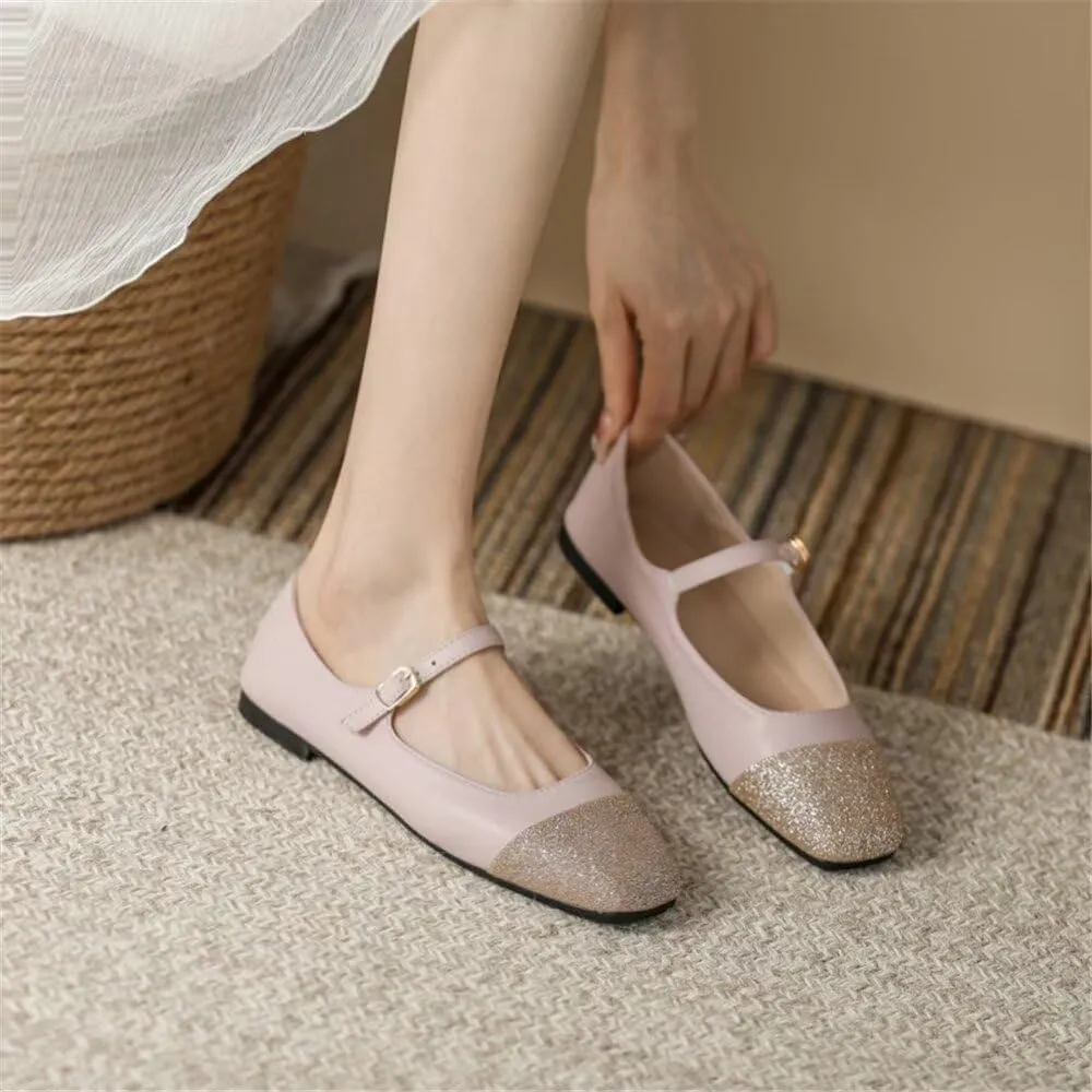TN TANGNEST Flat Shoes for Women Retro Square Toe Mary Jane Flats Shiny Ballet Flats Comfortable Office Flats