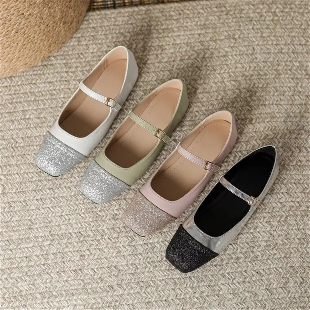 TN TANGNEST Flat Shoes for Women Retro Square Toe Mary Jane Flats Shiny Ballet Flats Comfortable Office Flats