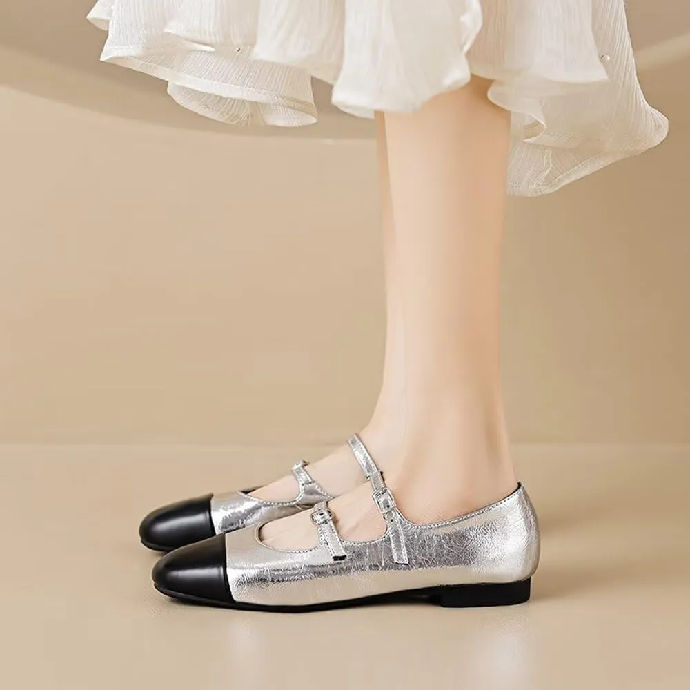 TN TANGNEST Leather Flats for Women Comfortable Round Toe Slip On Ballet Flats Retro Dress Mary Jane Flats