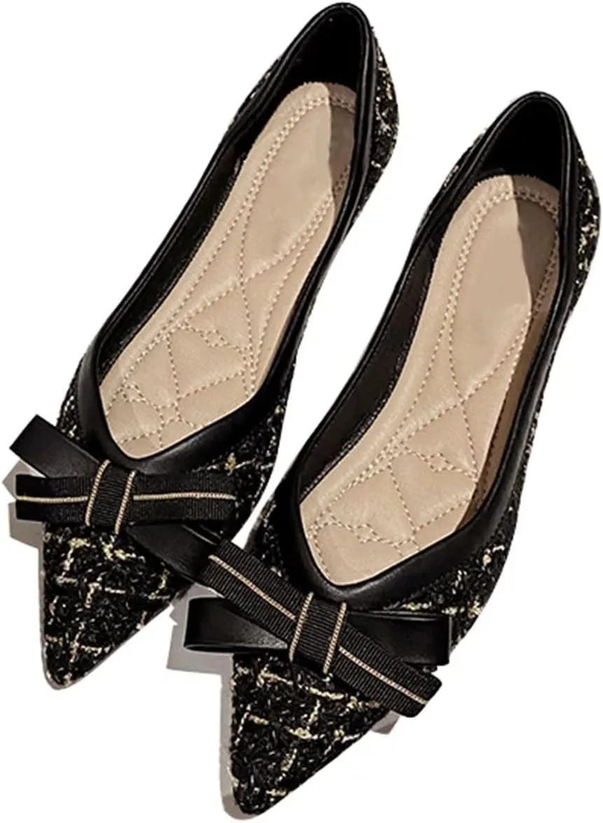 TN TANGNEST Women's Bow Flats Elegant Plaid Pointed Toe Ballet Shoes Slip on Flat Shoes