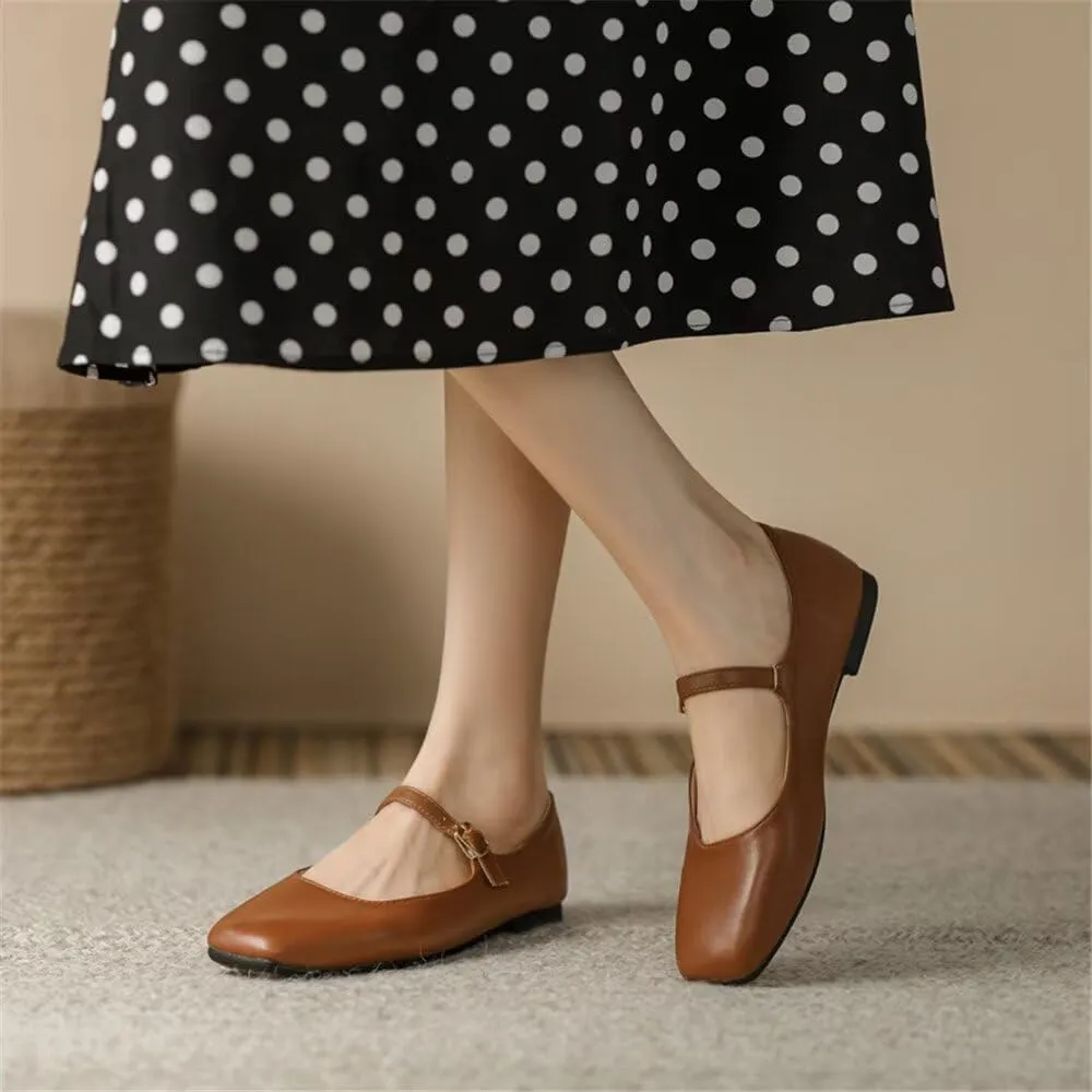 TN TANGNEST Women's Leather Flats Comfortable Square Toe Dress Flats Retro Soft Mary Jane Flats