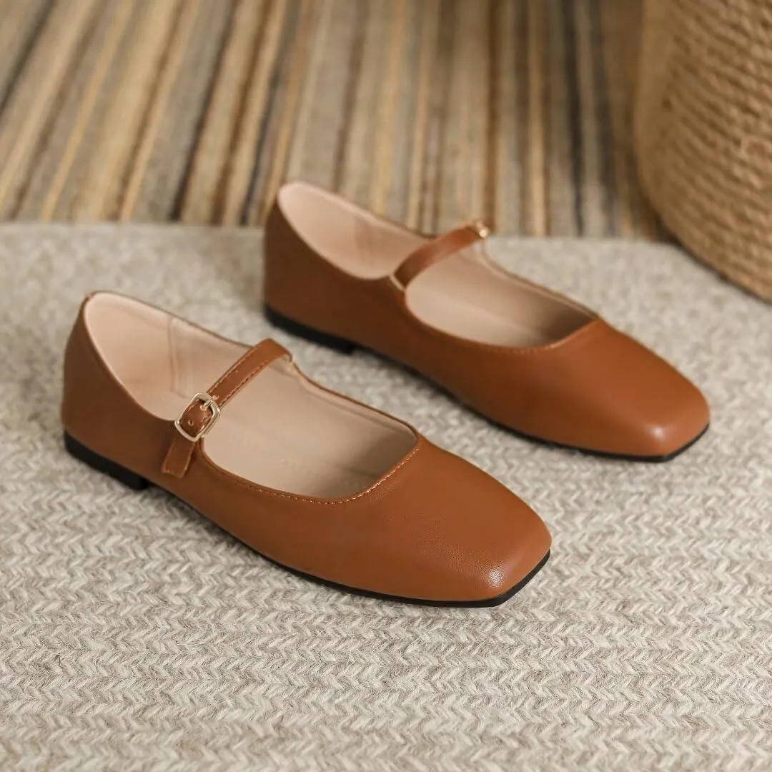 TN TANGNEST Women's Leather Flats Comfortable Square Toe Dress Flats Retro Soft Mary Jane Flats