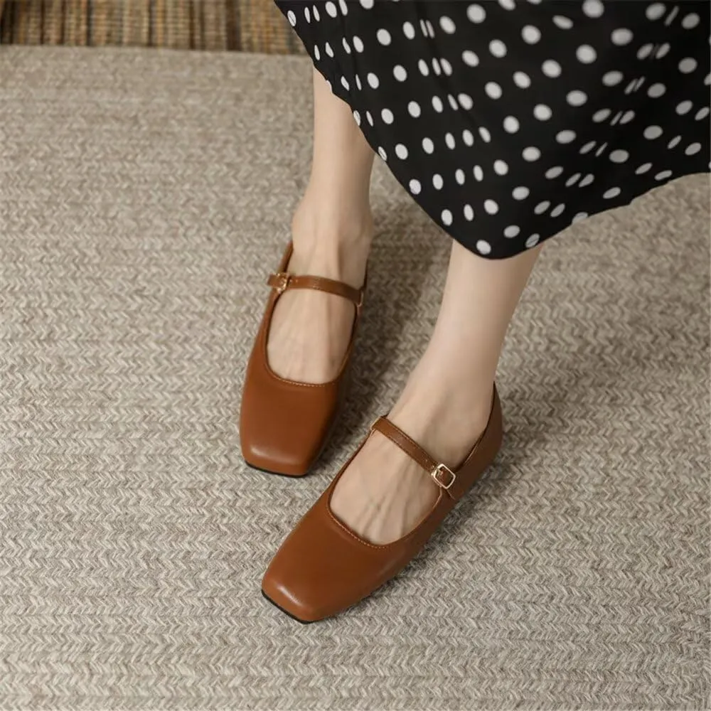 TN TANGNEST Women's Leather Flats Comfortable Square Toe Dress Flats Retro Soft Mary Jane Flats
