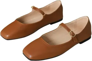 TN TANGNEST Women's Leather Flats Comfortable Square Toe Dress Flats Retro Soft Mary Jane Flats