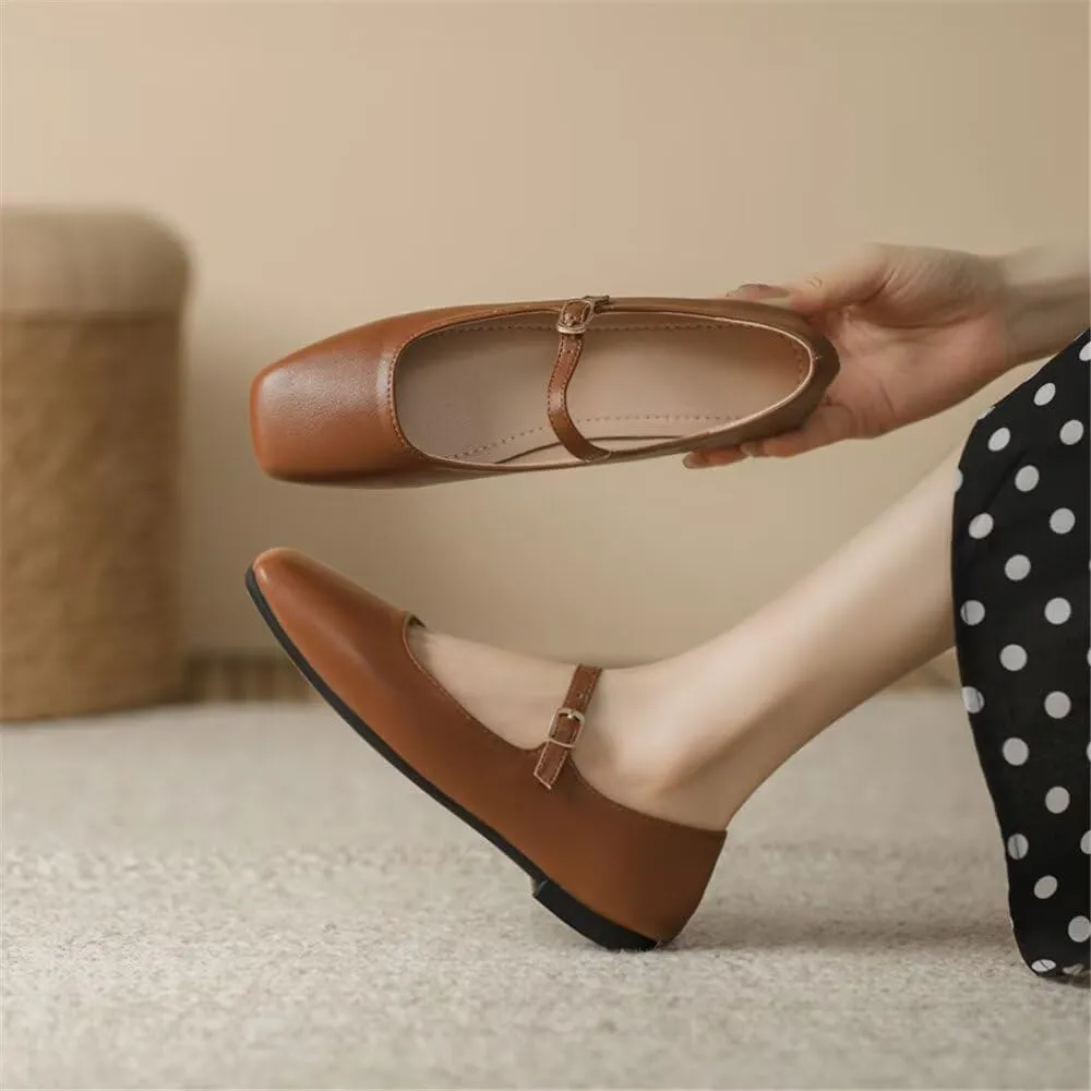TN TANGNEST Women's Leather Flats Comfortable Square Toe Dress Flats Retro Soft Mary Jane Flats