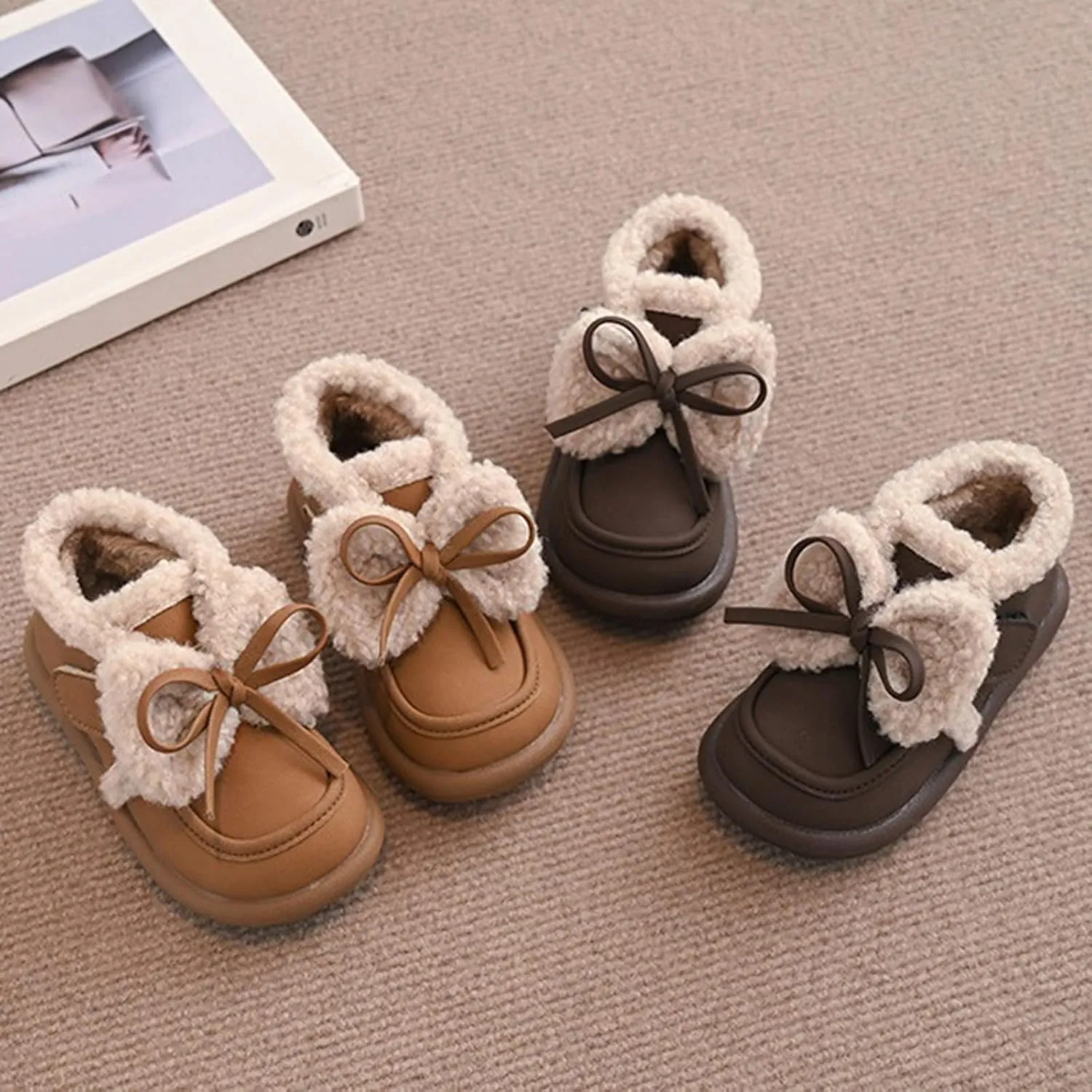 Toddler Kids Cotton Fleece Ankle Boots Winter Fashion Cute Bowknot Fr ining Comfy Soft Warm Walking Shoes