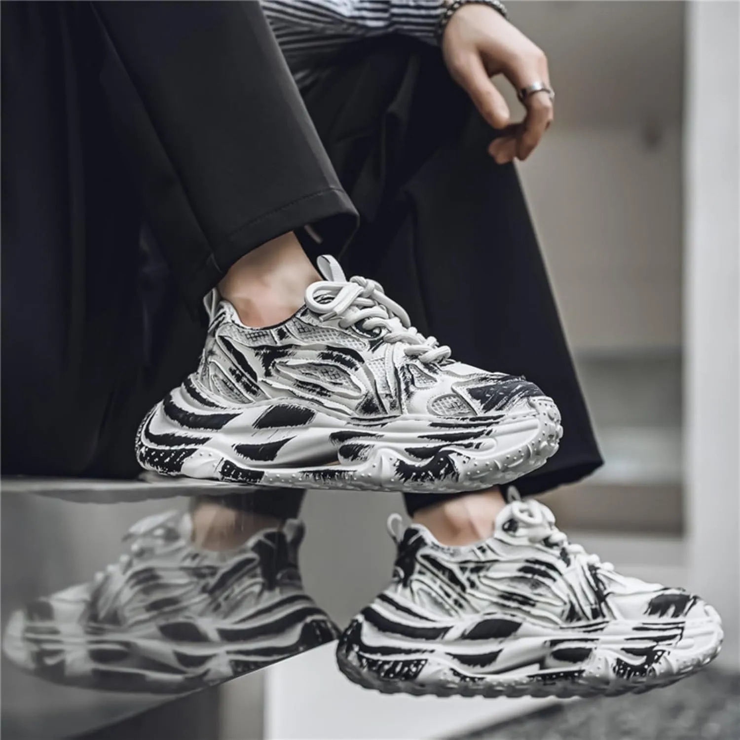 Trend Fashion Breathable Mesh Lace Up Chunky Sneakers for Mens Lightweight Non-Slip Round Toe Casual Outdoor Walking Running Shoes Sport Dad Shoes