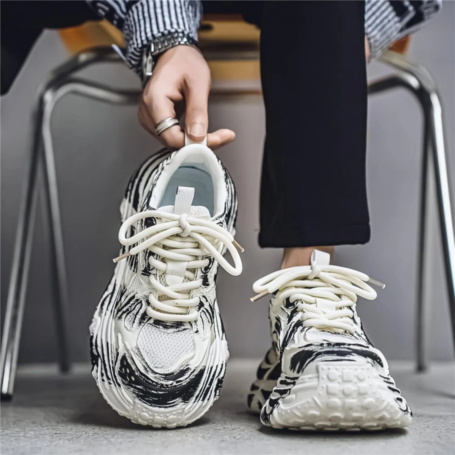 Trend Fashion Breathable Mesh Lace Up Chunky Sneakers for Mens Lightweight Non-Slip Round Toe Casual Outdoor Walking Running Shoes Sport Dad Shoes