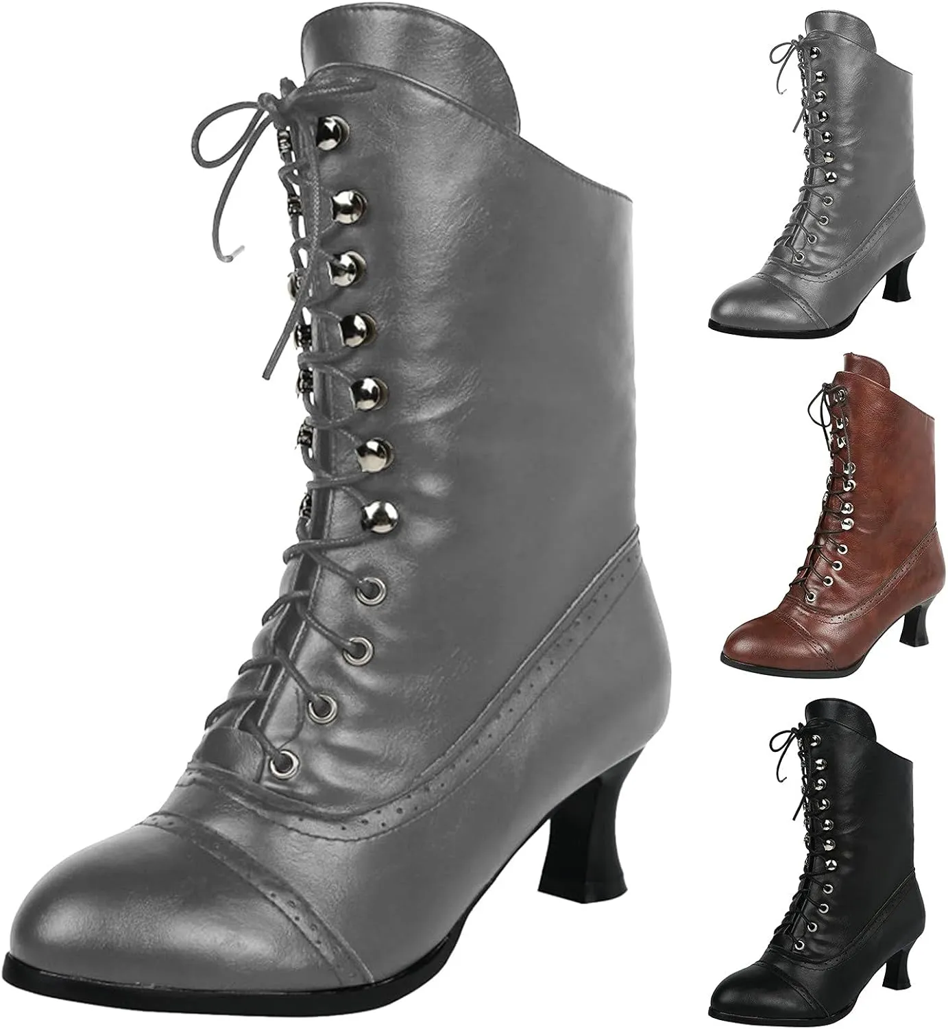 Victorian Boots for Women Vintage Boots Renaissance Mid Calf Boots Costume Lace Up Low Heel Gothic Boots with Zipper