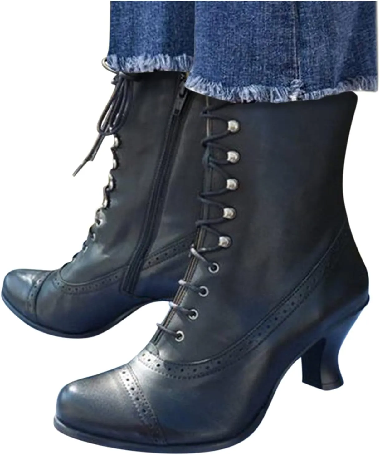 Victorian Boots for Women Vintage Boots Renaissance Mid Calf Boots Costume Lace Up Low Heel Gothic Boots with Zipper