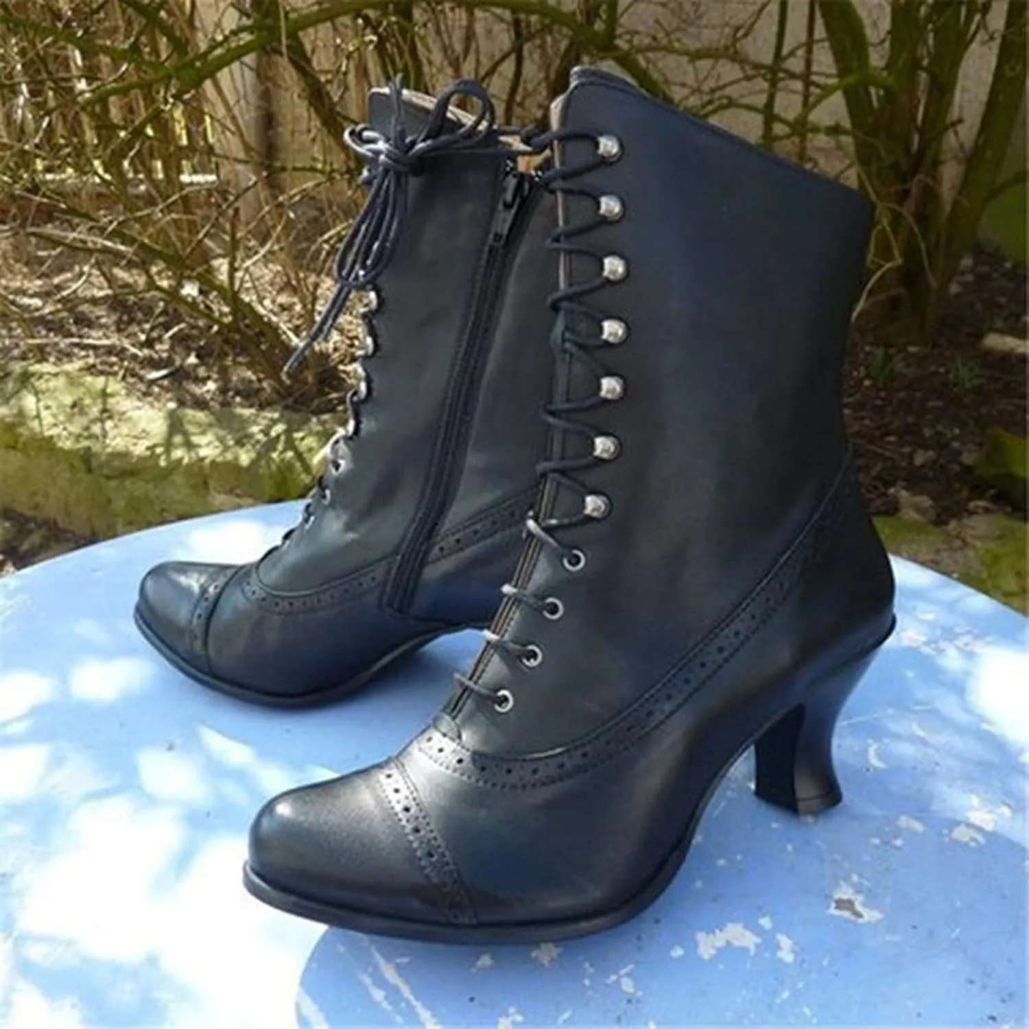 Victorian Boots for Women Vintage Boots Renaissance Mid Calf Boots Costume Lace Up Low Heel Gothic Boots with Zipper