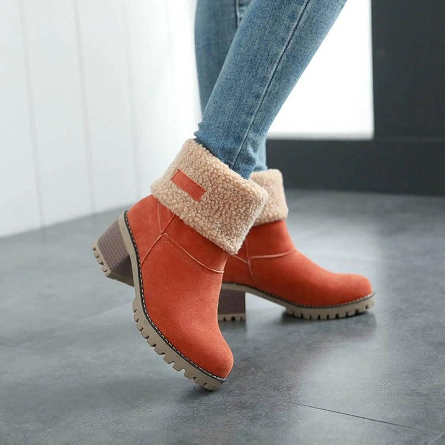 Winter Boots for Women, Comfortable Slip On Mid Chunky Heel Suede Warm Snow Ankle Boots Ladies Casual Casual Fashion Booties
