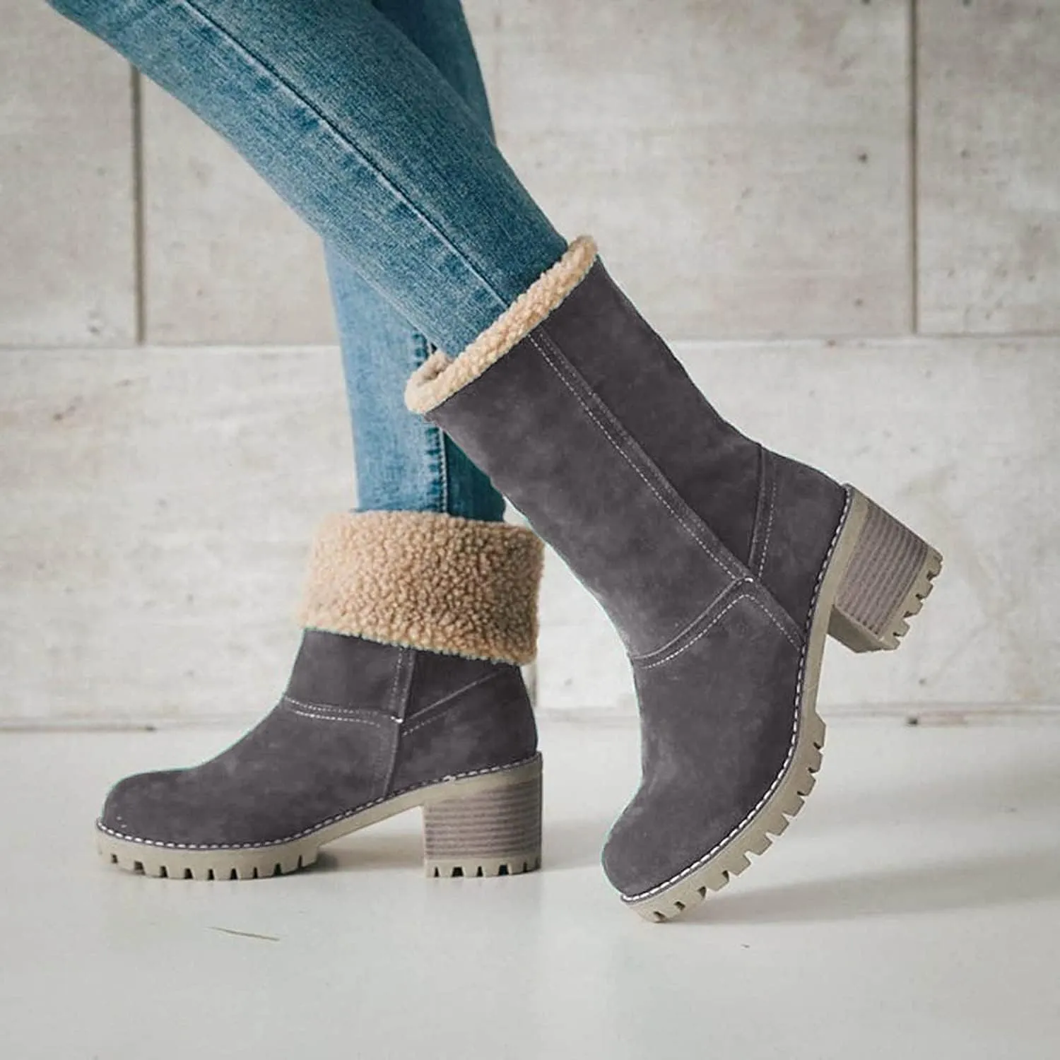 Winter Boots for Women, Comfortable Slip On Mid Chunky Heel Suede Warm Snow Ankle Boots Ladies Casual Casual Fashion Booties