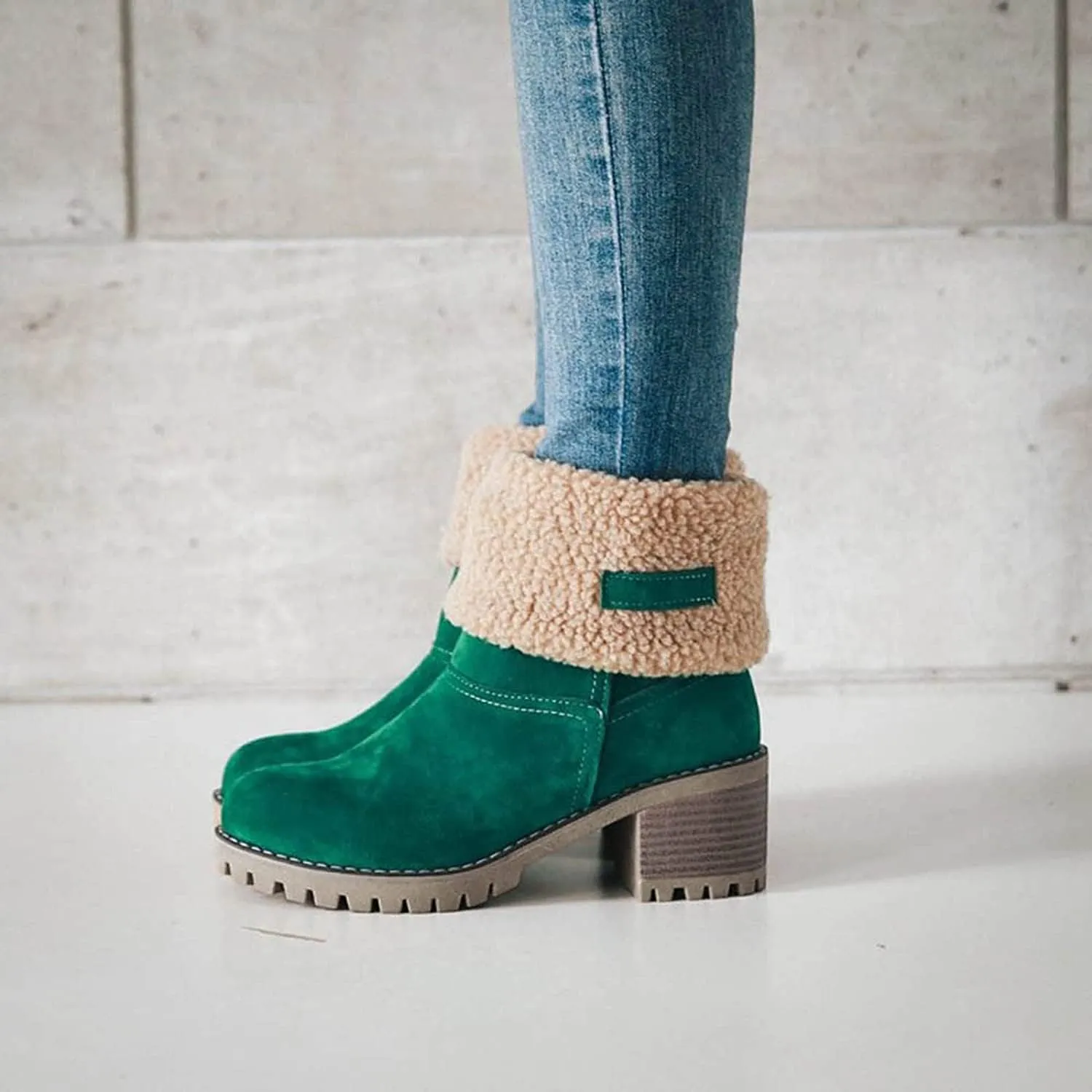 Winter Boots for Women, Comfortable Slip On Mid Chunky Heel Suede Warm Snow Ankle Boots Outdoor Shoes