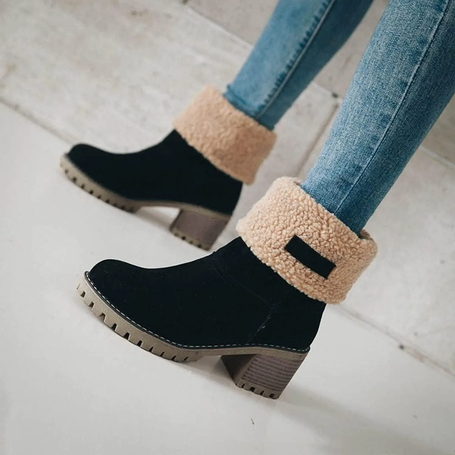 Winter Boots for Women, Comfortable Slip On Mid Chunky Heel Suede Warm Snow Ankle Boots Outdoor Shoes