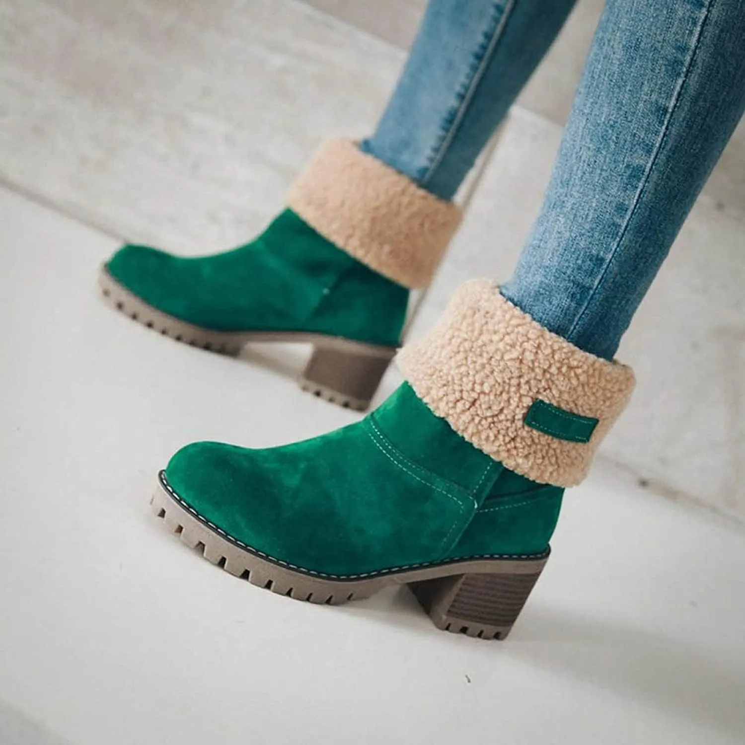 Winter Boots for Women, Comfortable Slip On Mid Chunky Heel Suede Warm Snow Ankle Boots Outdoor Shoes