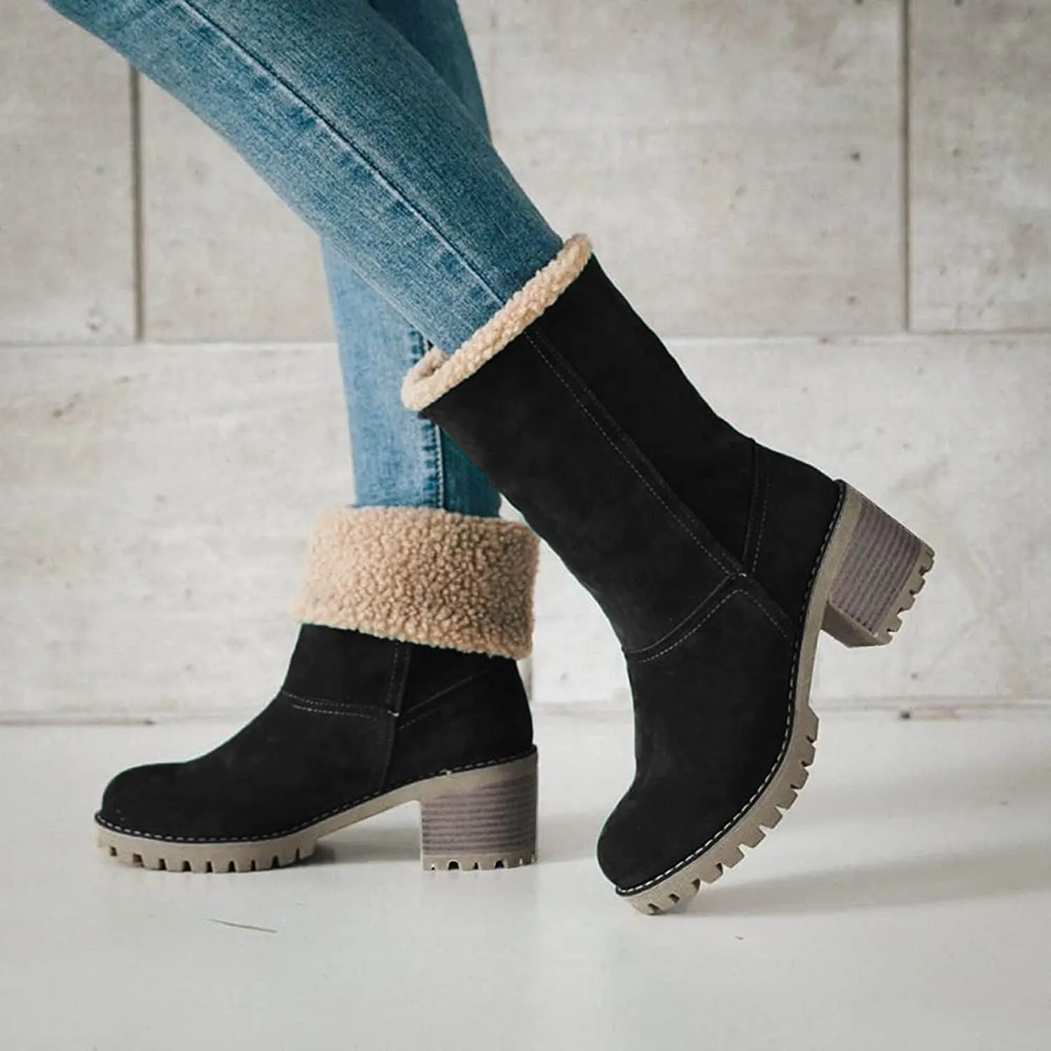Winter Boots for Women, Comfortable Slip On Mid Chunky Heel Suede Warm Snow Ankle Boots Outdoor Shoes