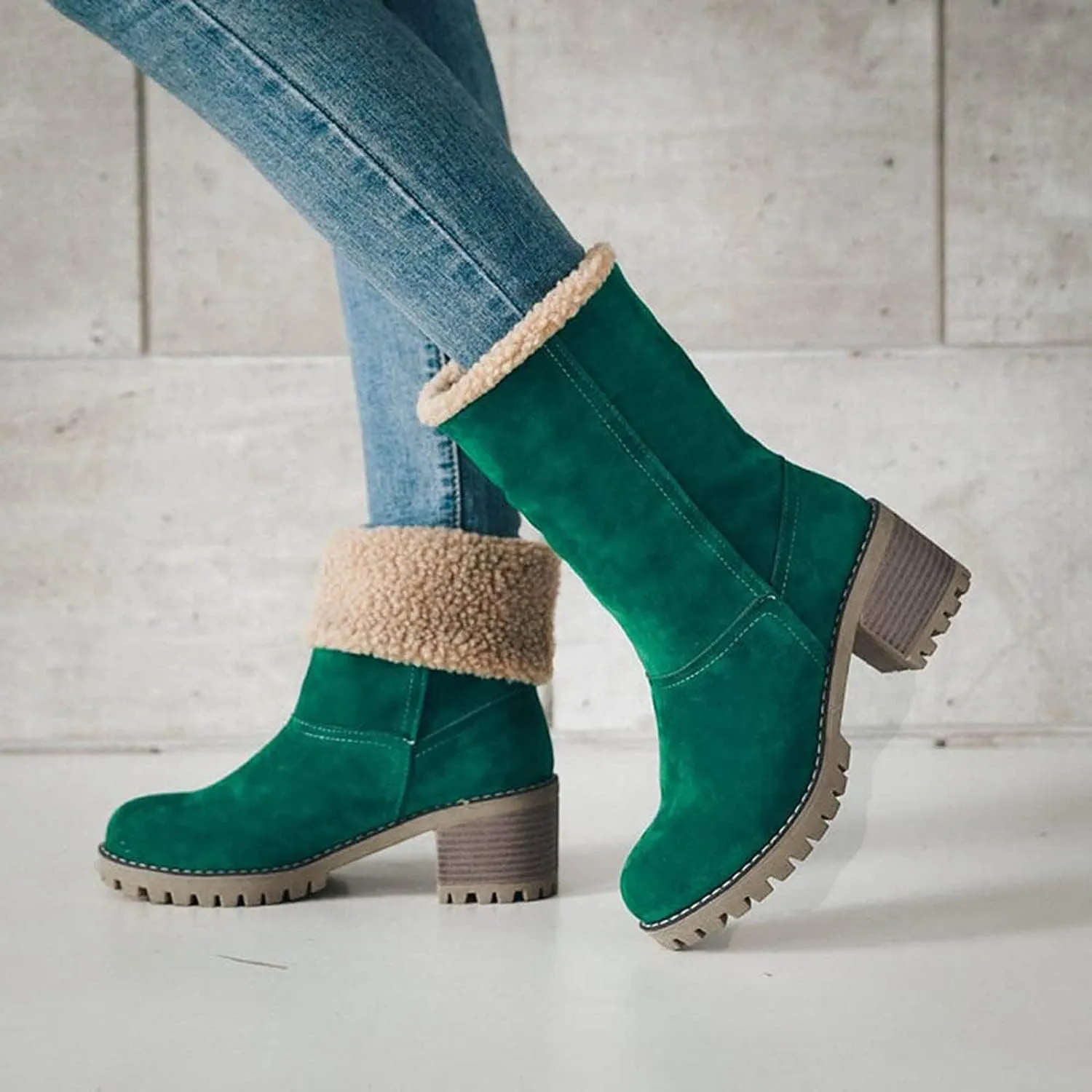 Winter Boots for Women, Comfortable Slip On Mid Chunky Heel Suede Warm Snow Ankle Boots Outdoor Shoes